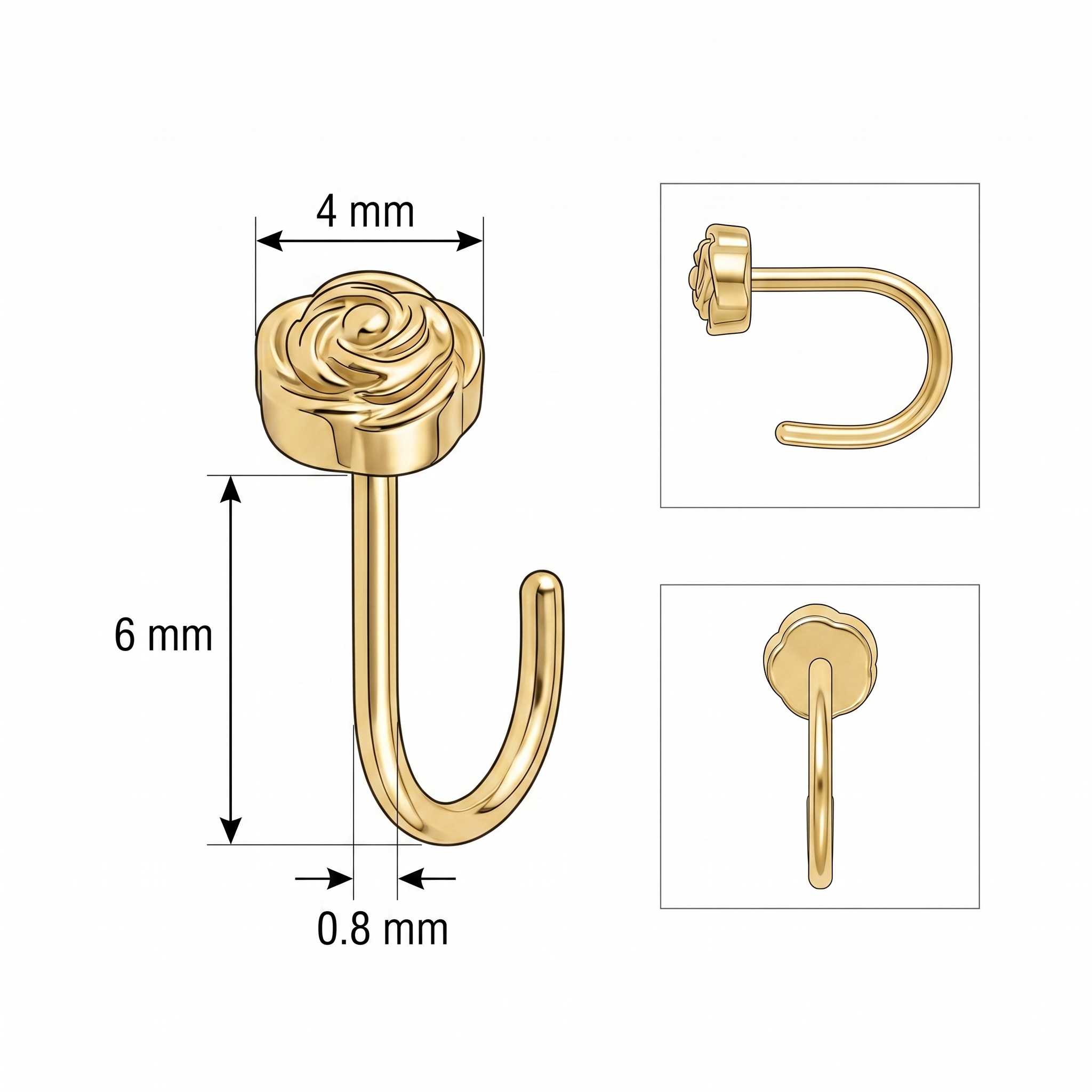 rose nose stud size chart — 0.8 mm 20G, 6 mm length, G23 titanium