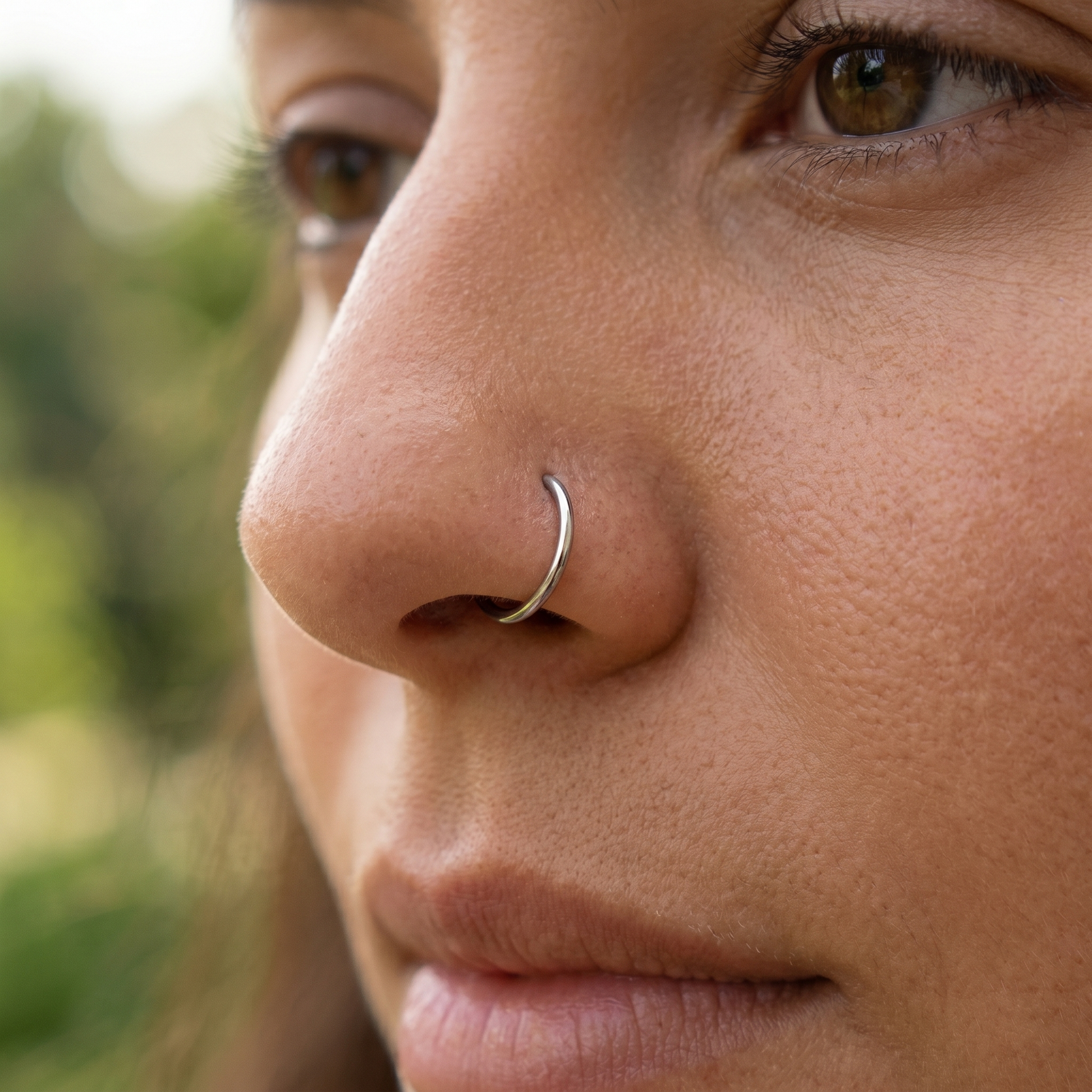 seamless nose hoop worn on a model, side profile