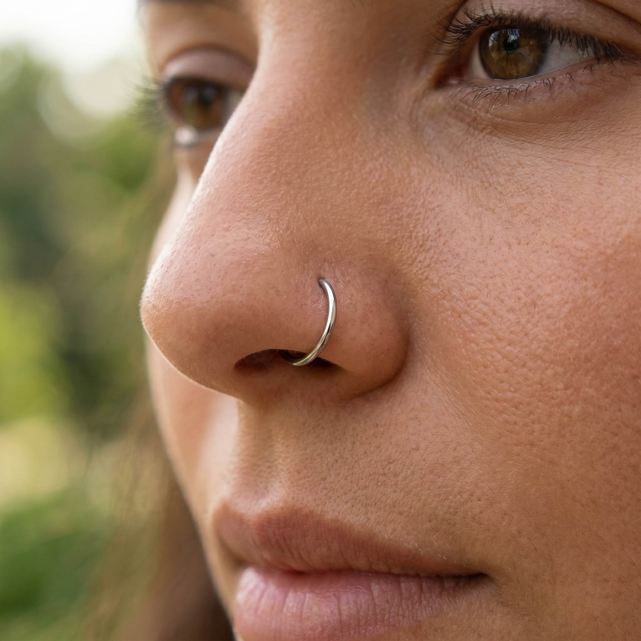 seamless nose hoop worn on a model, side profile
