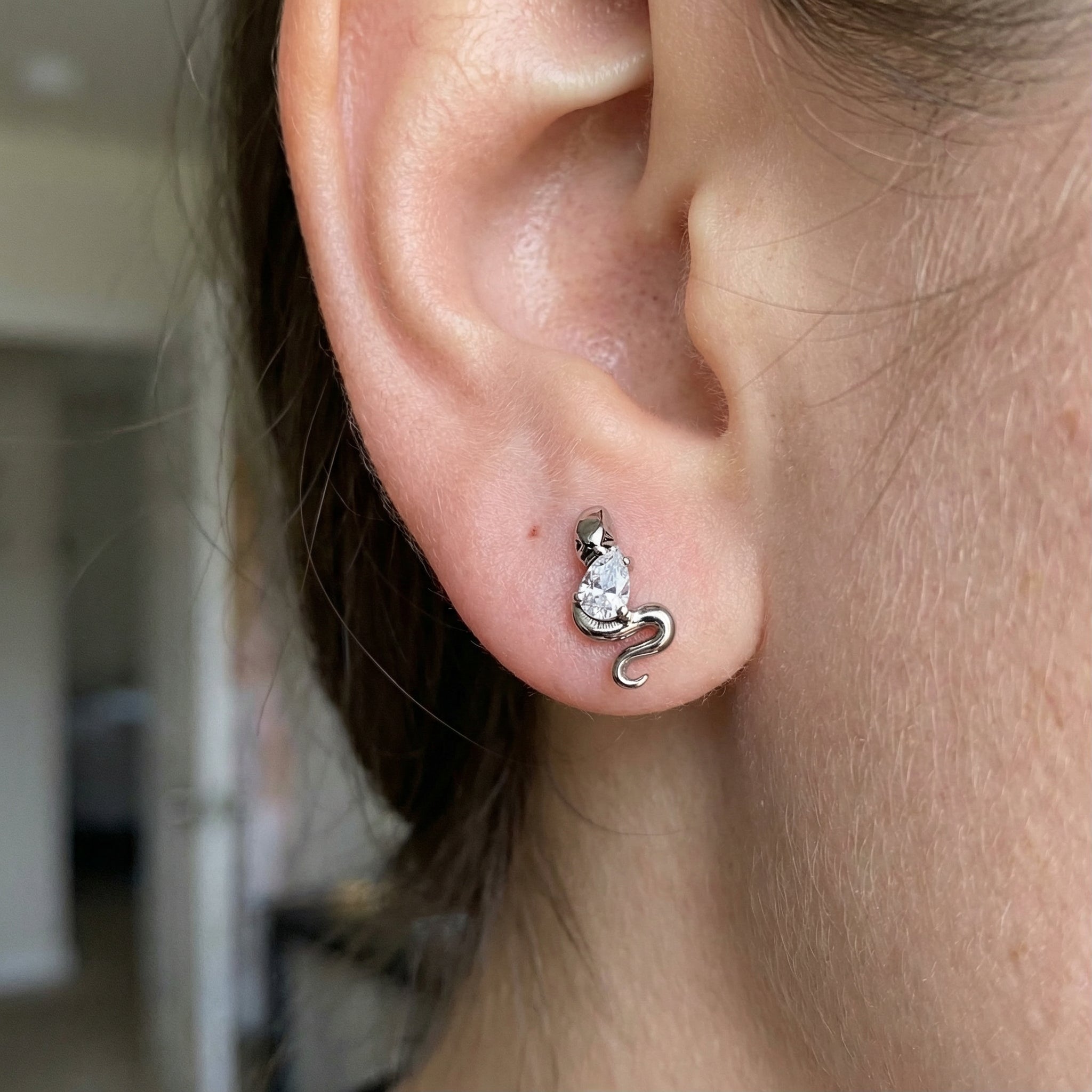Silver snake zircon stud styled beautifully in a ear placement.