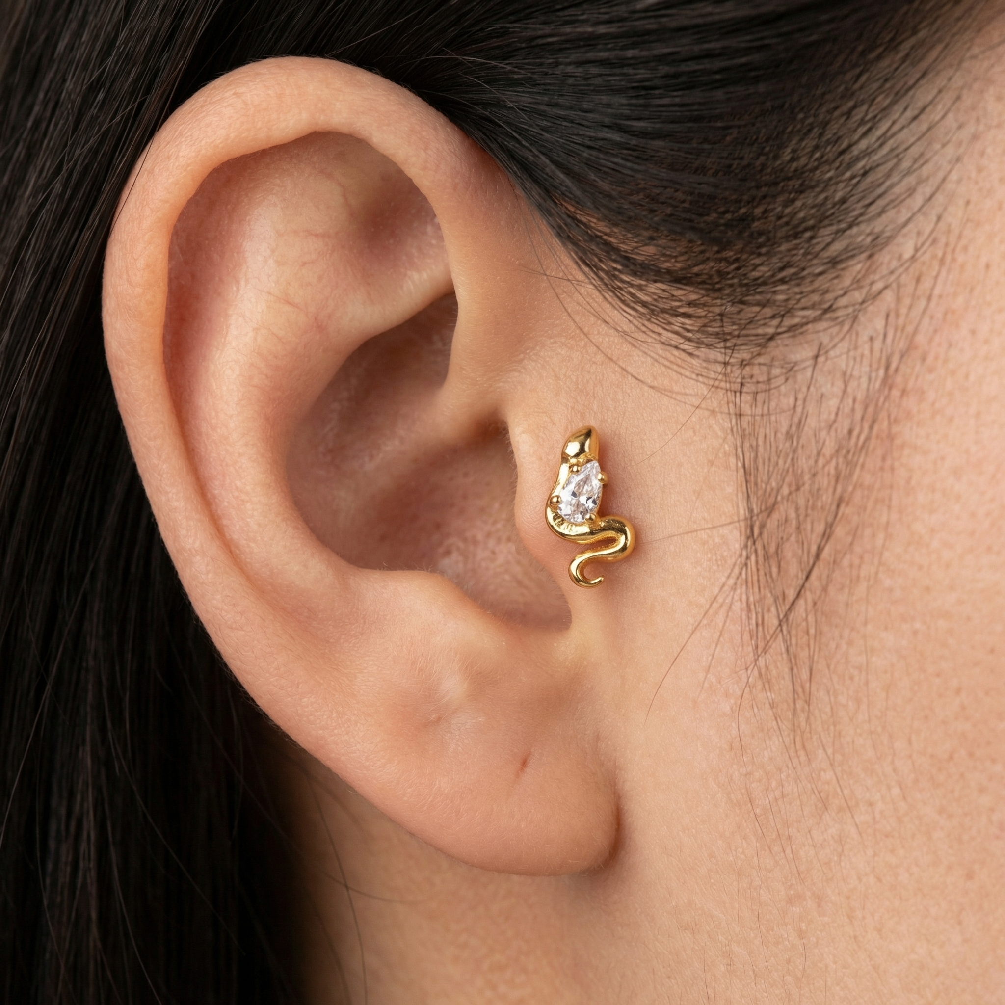 Gold snake zircon stud — tragus jewelry placement