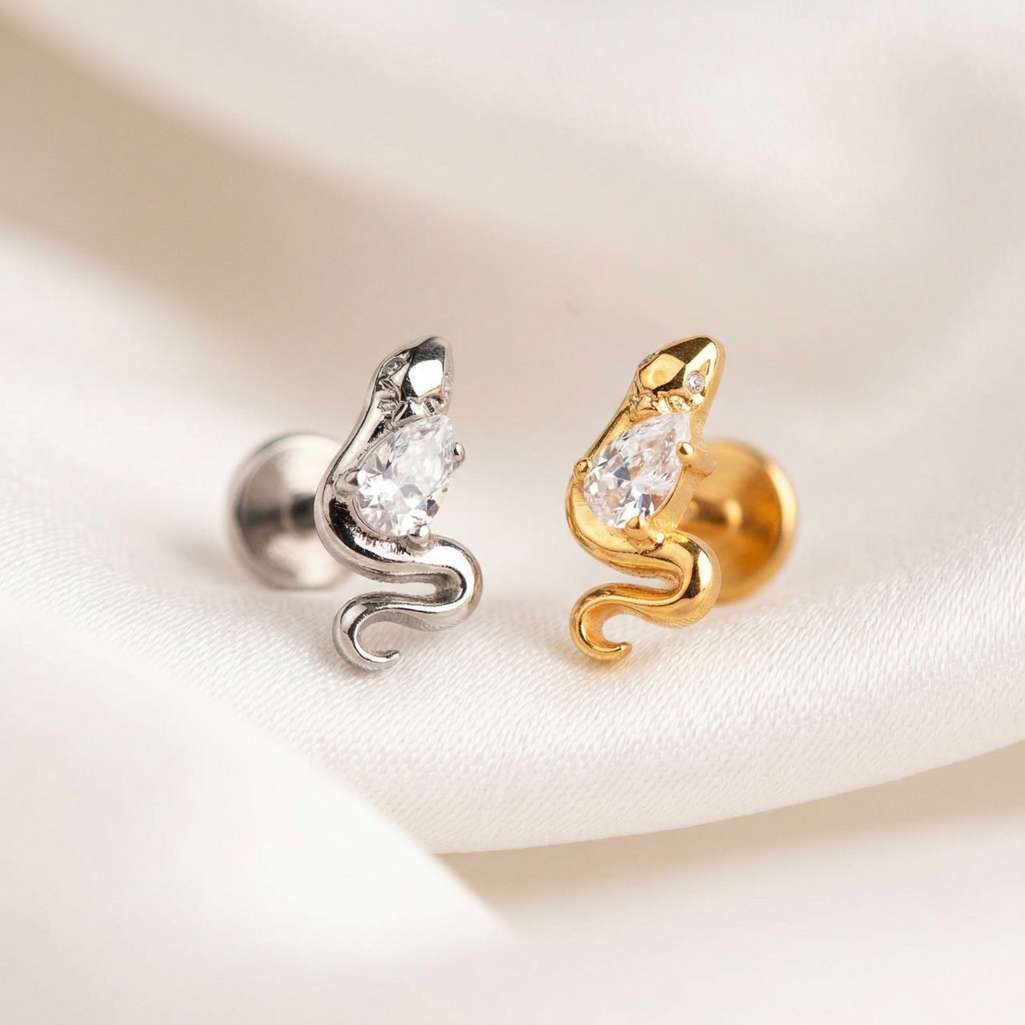 Forward Helix Ear Piercing - Gold and silver snake