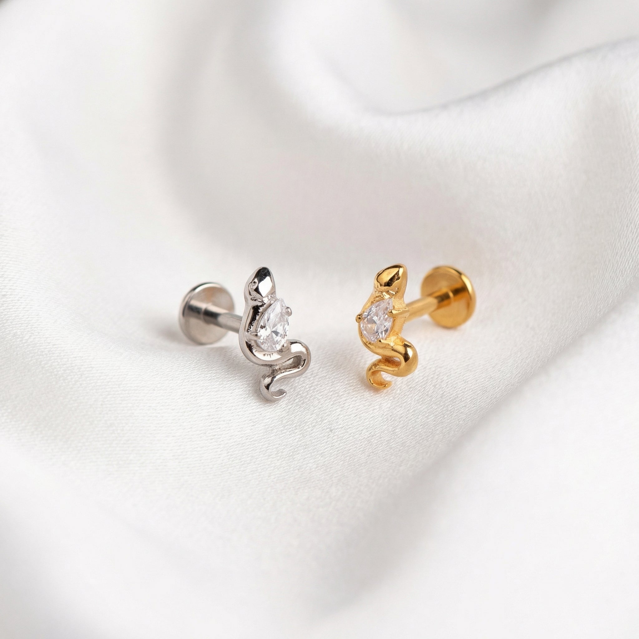 Forward Helix Ear Piercing - Gold and silver snake