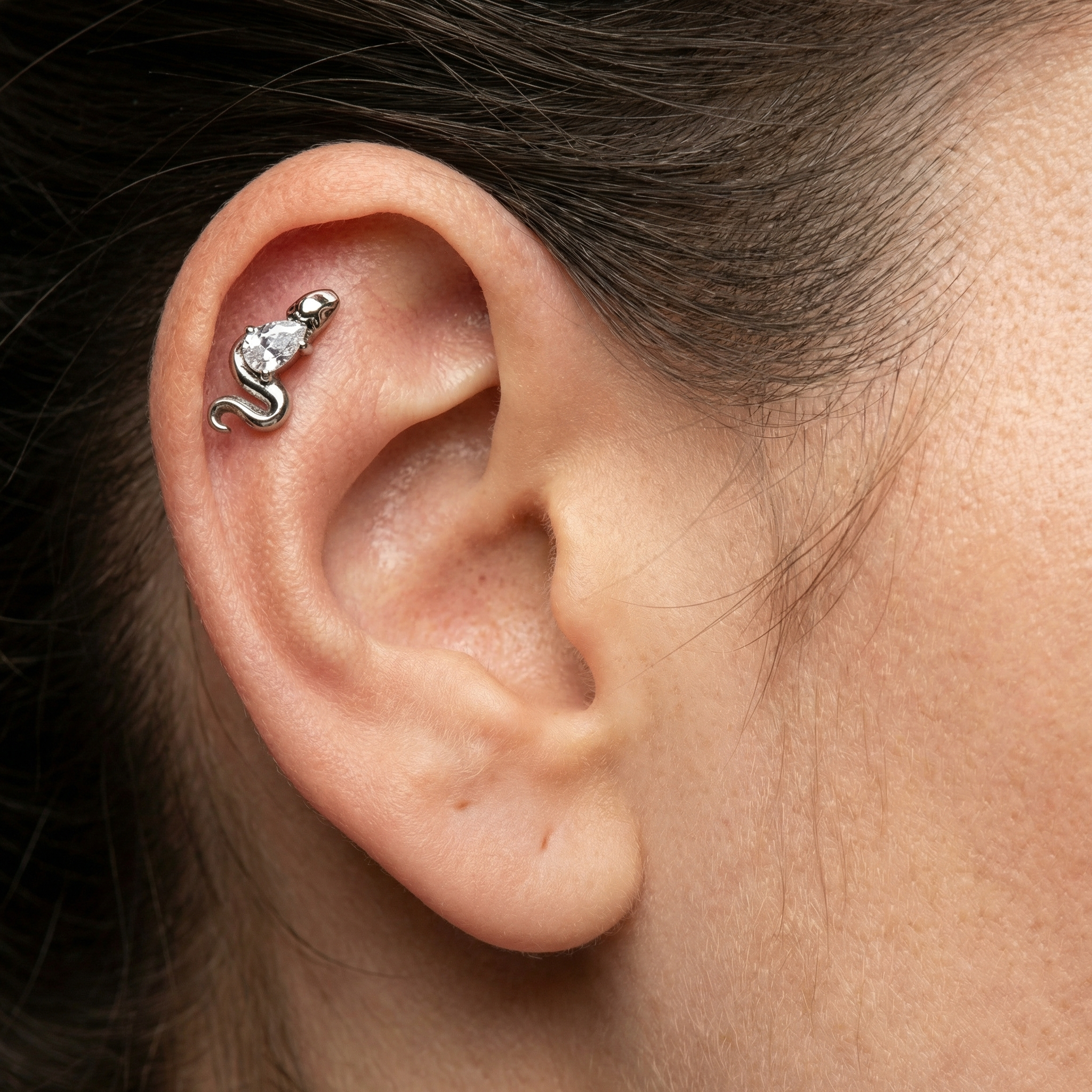 Model showcasing a silver snake zircon stud piercing styled in an upper