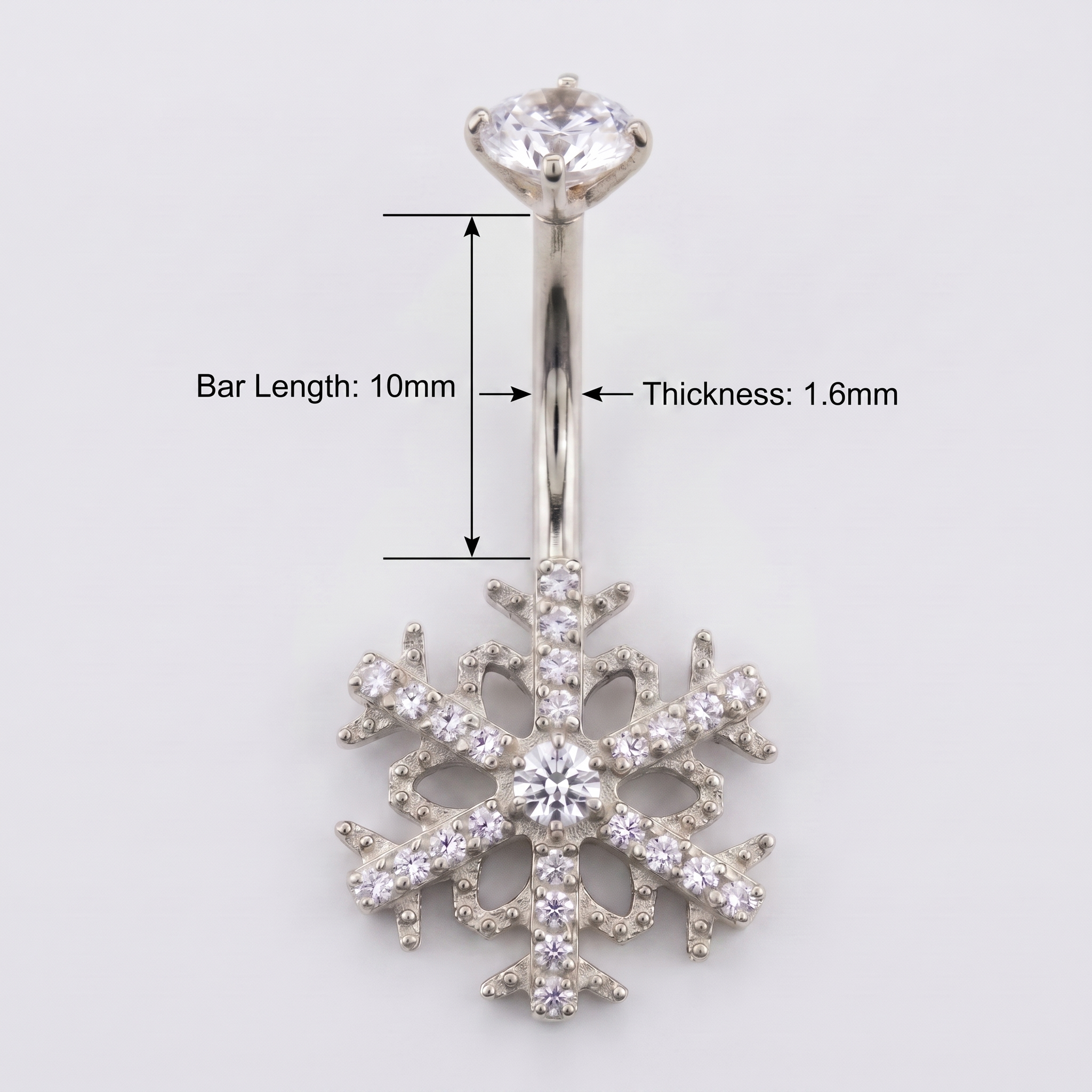 Silver 14g titanium navel ring with bar thickness measurements.