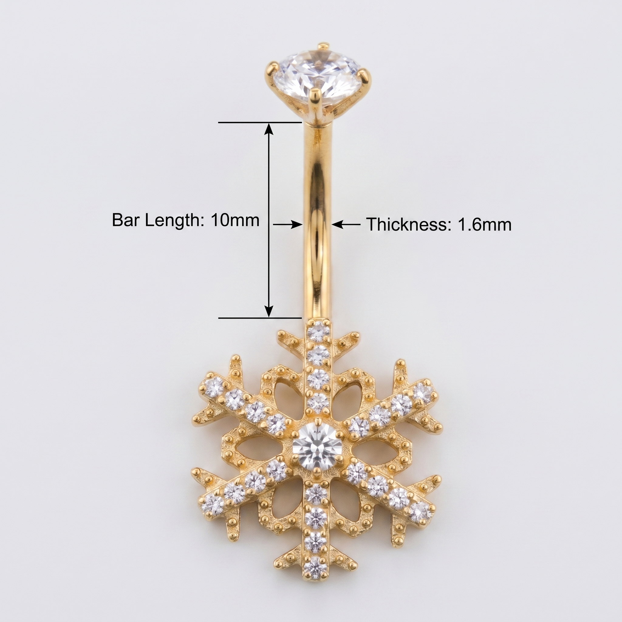 Gold 14g titanium navel ring with bar length measurements.