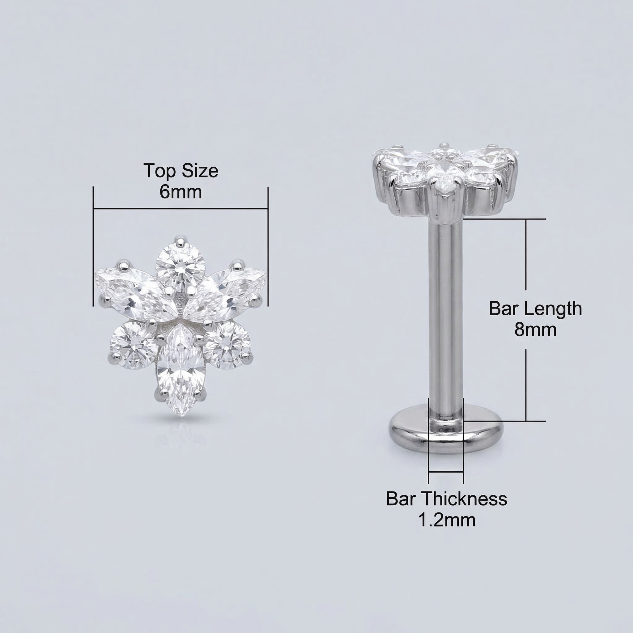 Snowflake Front Helix Piercing - Diagram showing 6mm bar