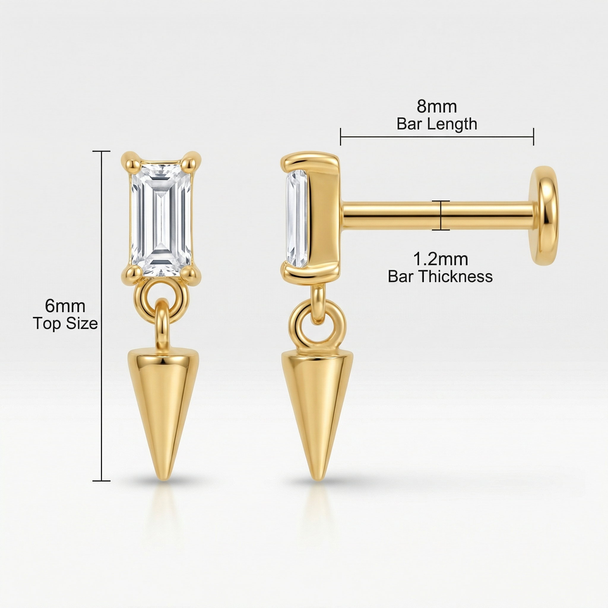 Spike Front Helix Piercing - Diagram showing gold 16g