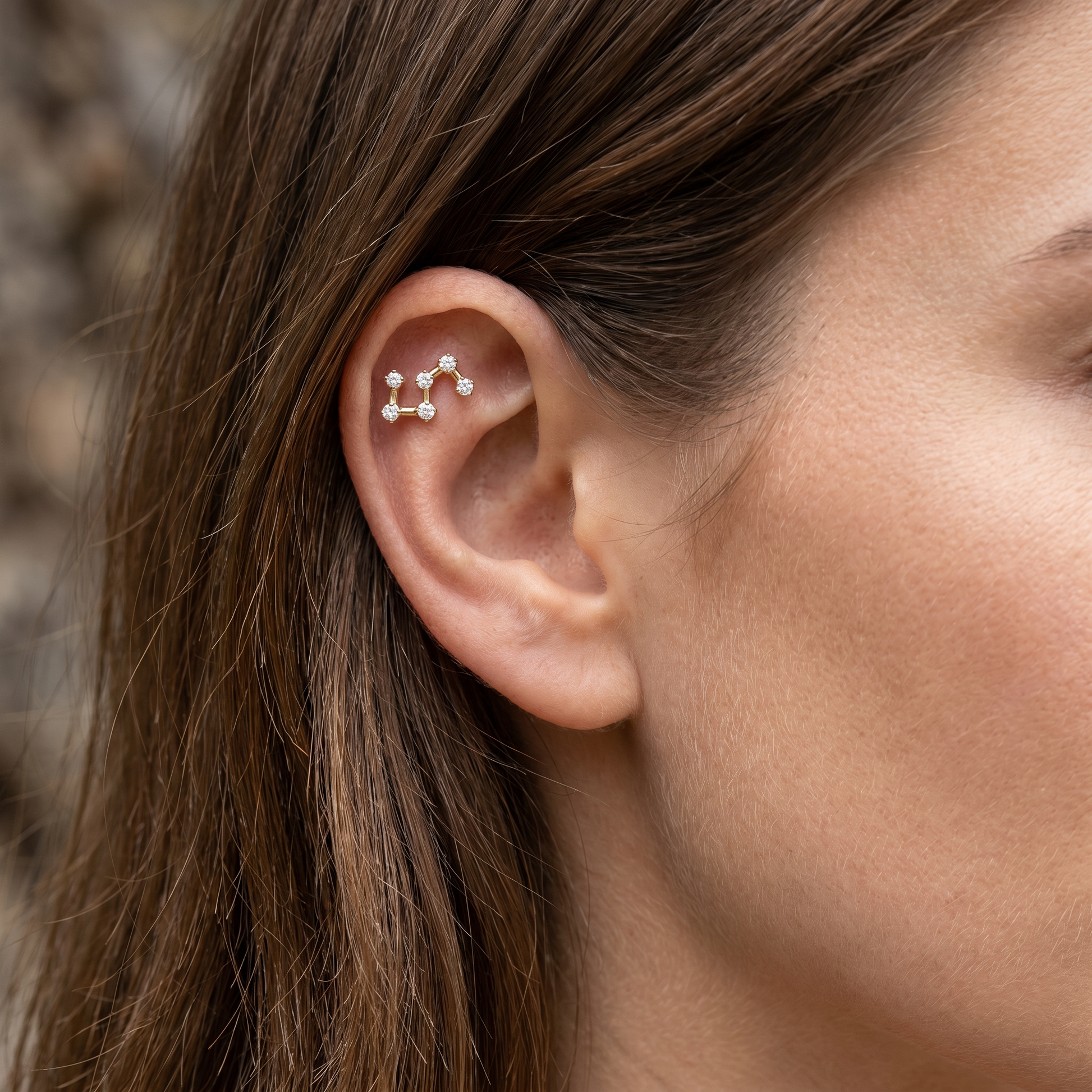 Gold star cluster zircon stud — flat helix piercing placement