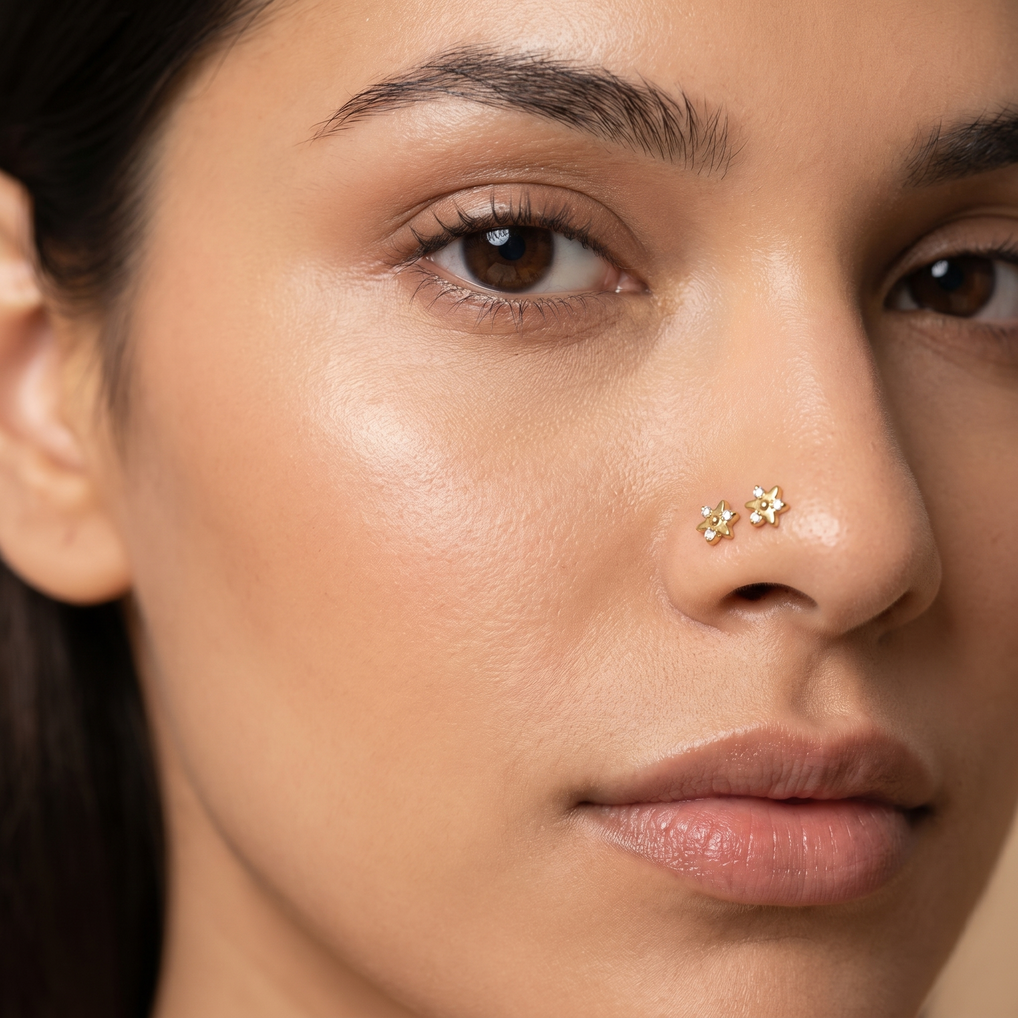 Two star nose studs styled as a double nose piercing on one nostril