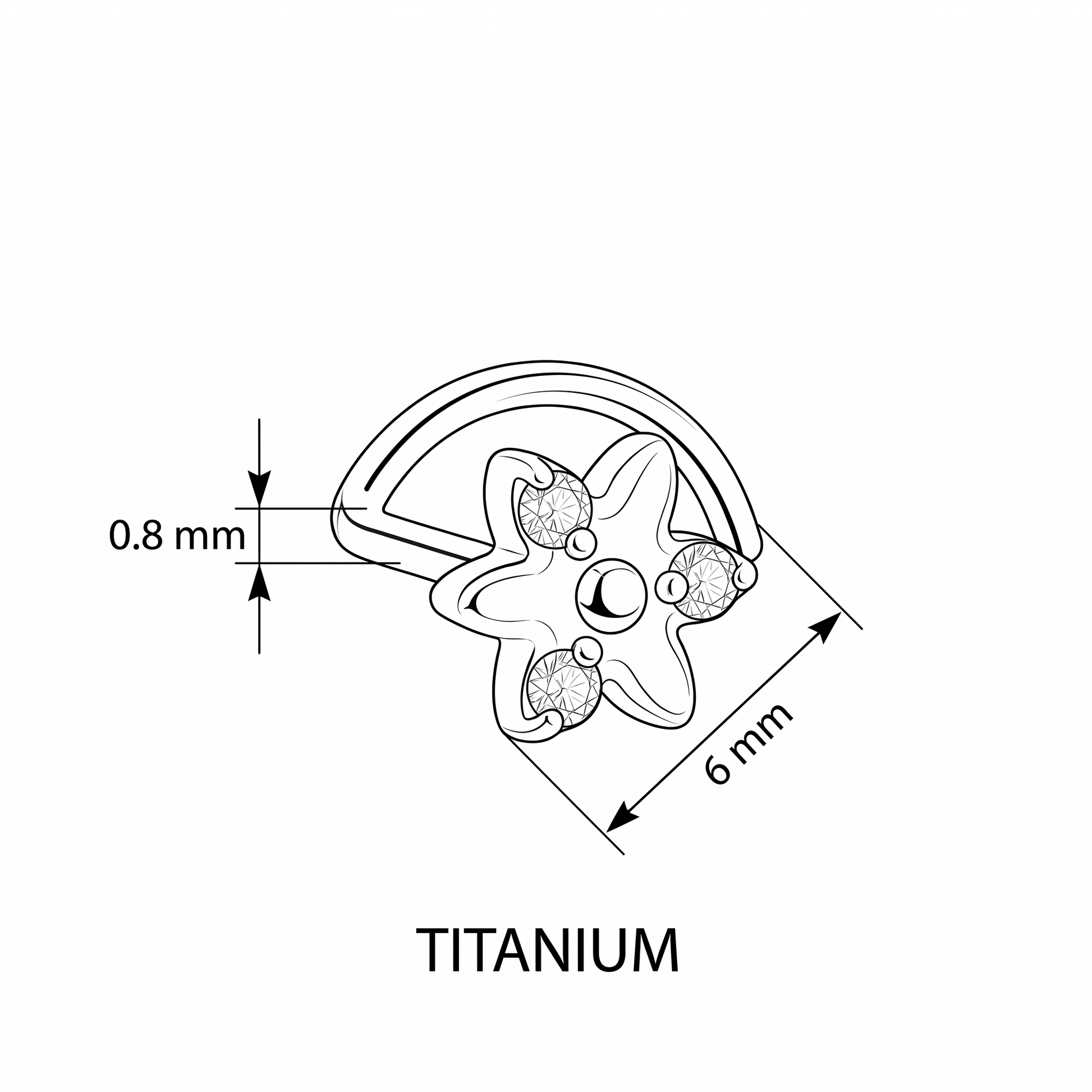 star nose stud size chart — 0.8 mm 20G, 6 mm length, G23 titanium