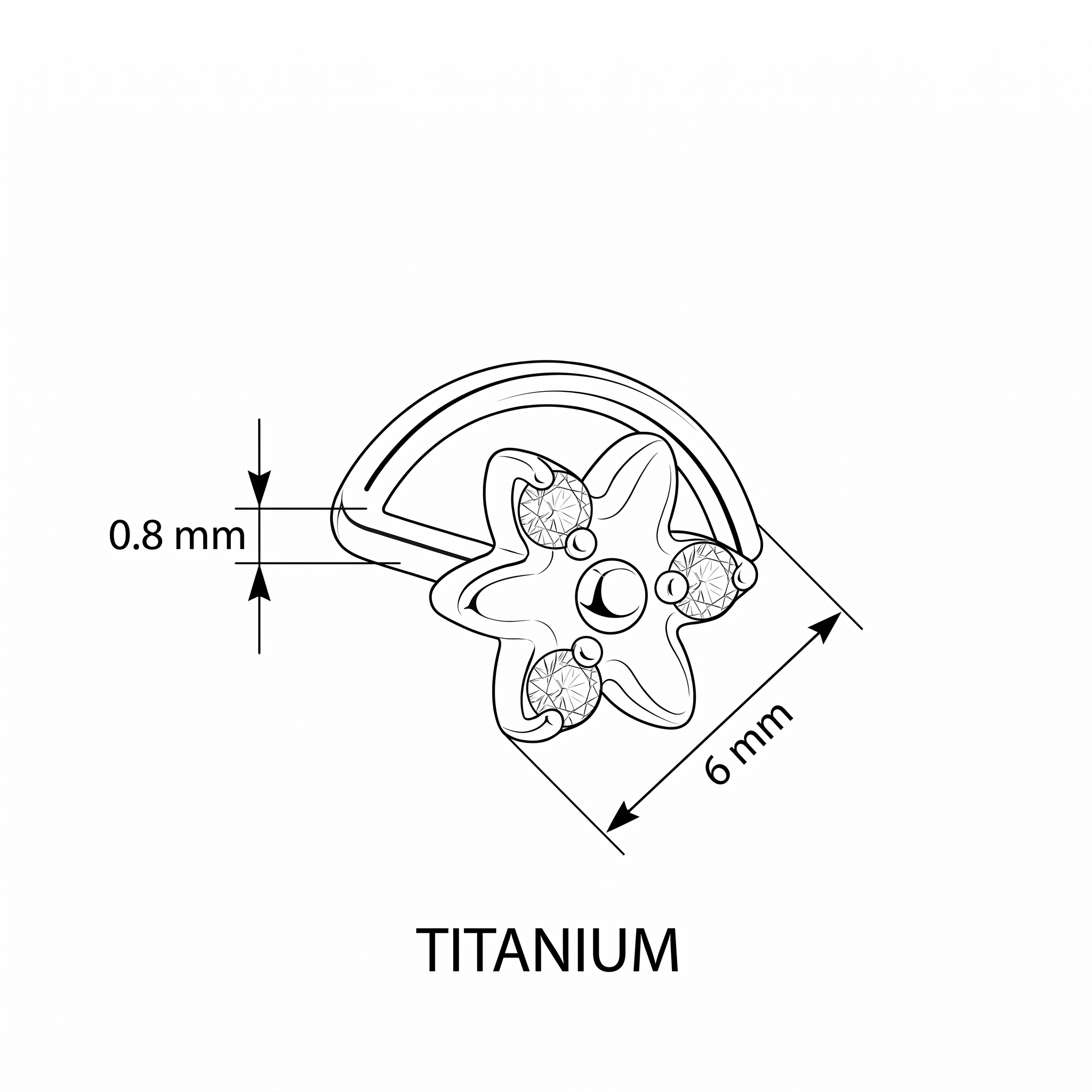 star nose stud size chart — 0.8 mm 20G, 6 mm length, G23 titanium