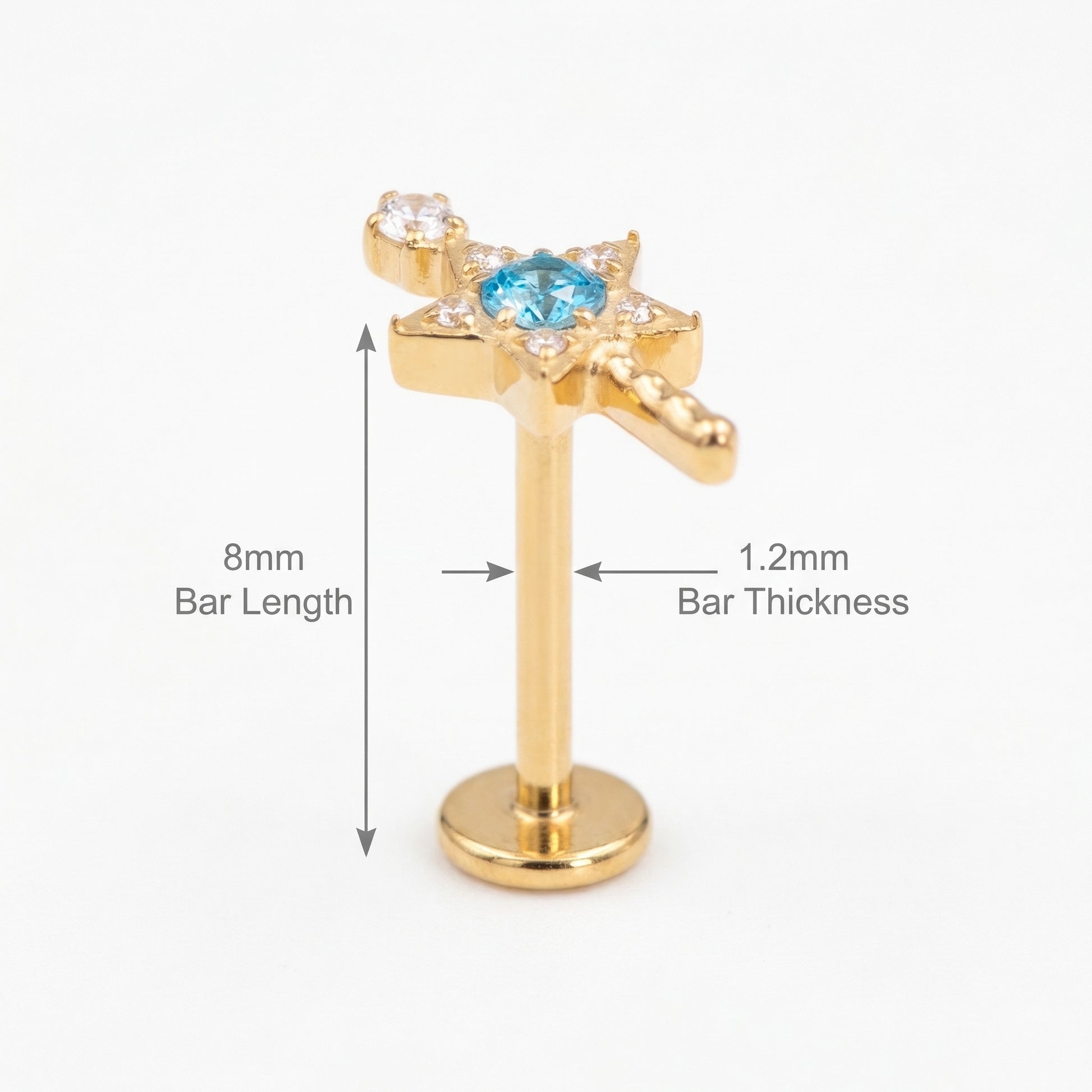 Size chart diagram for the gold star wand stud detailing an 8mm