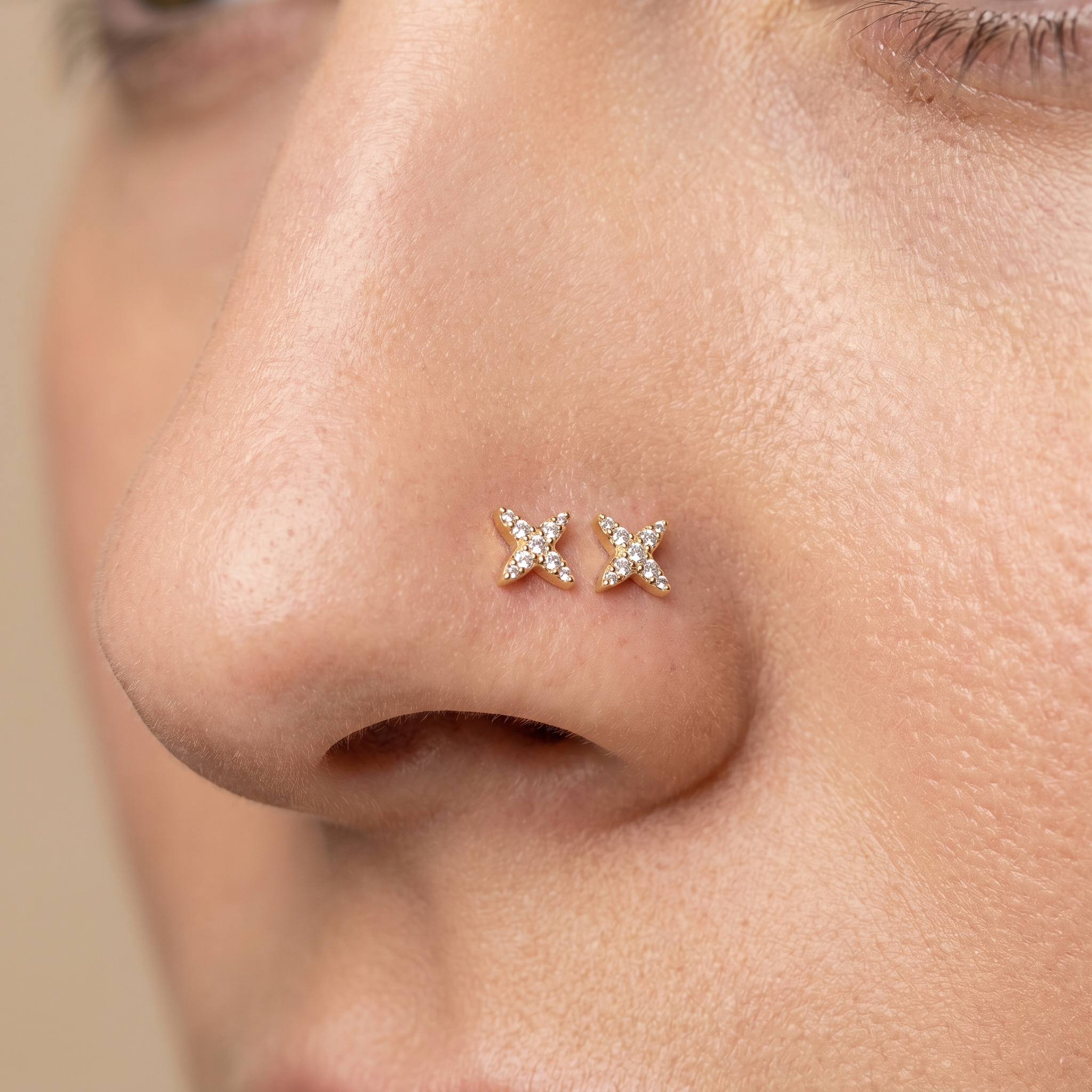 starburst nose stud close-up, nickel-free 20G nose jewelry