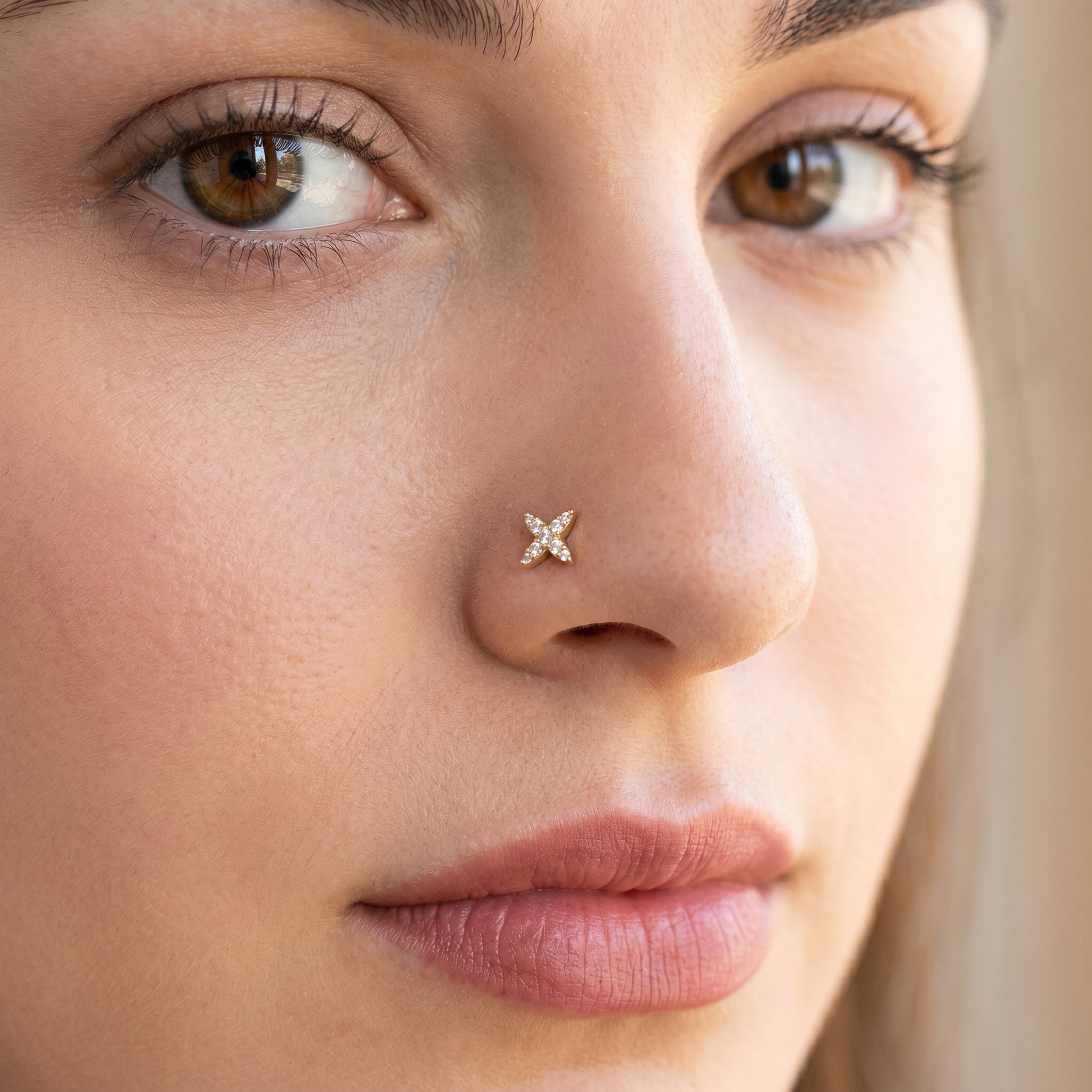 starburst nose stud worn on a model, side profile