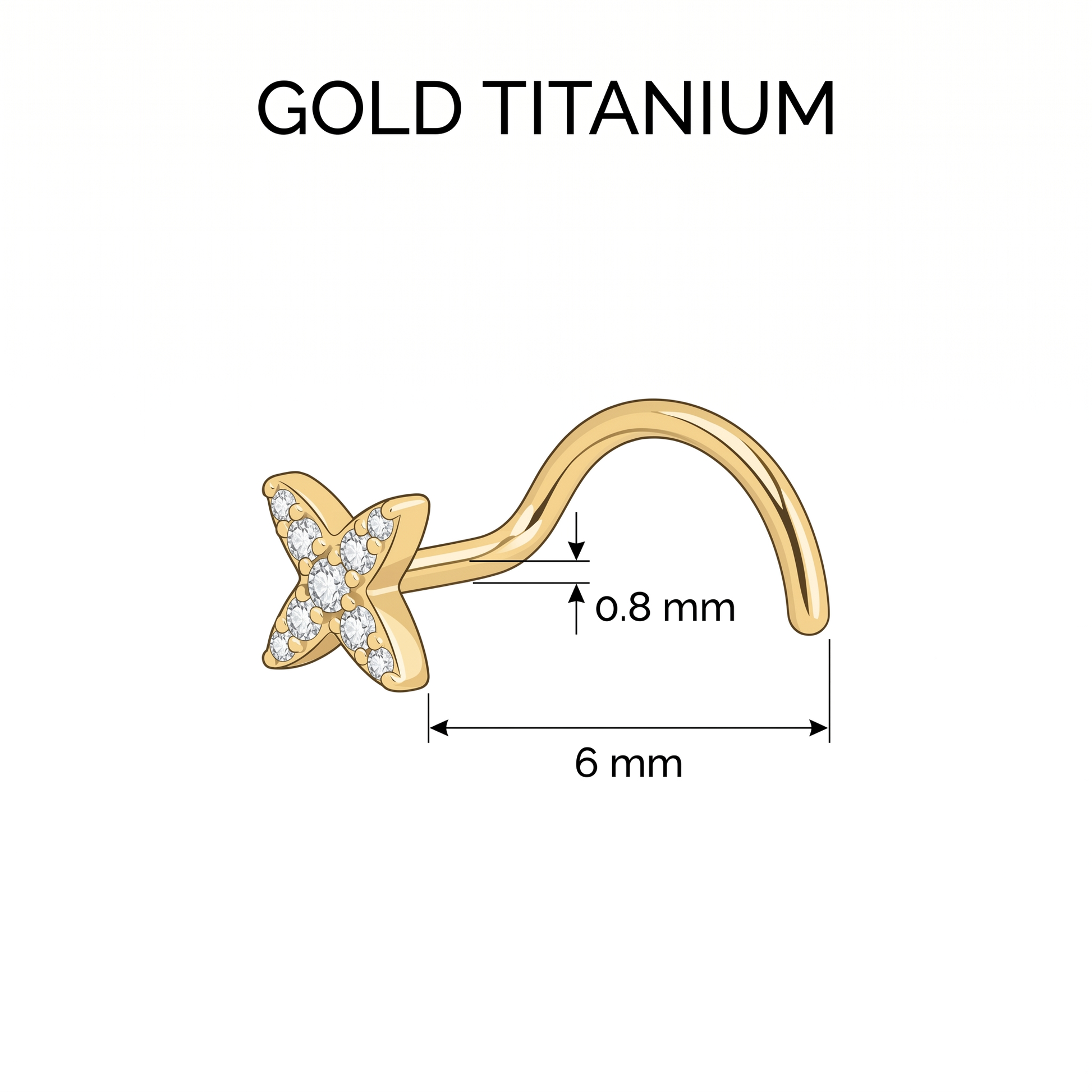 starburst nose stud size chart — 0.8 mm 20G, 6 mm length, G23 titanium