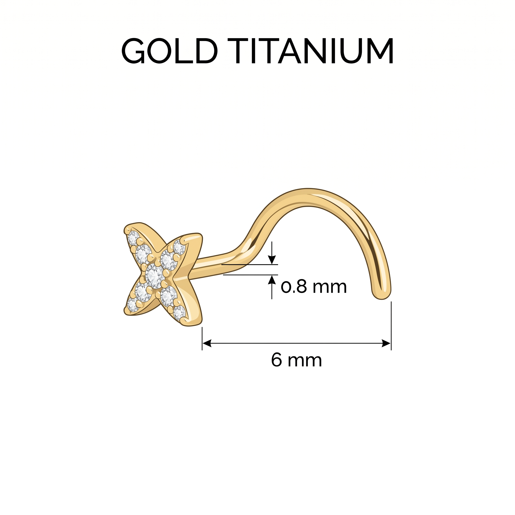 starburst nose stud size chart — 0.8 mm 20G, 6 mm length, G23 titanium