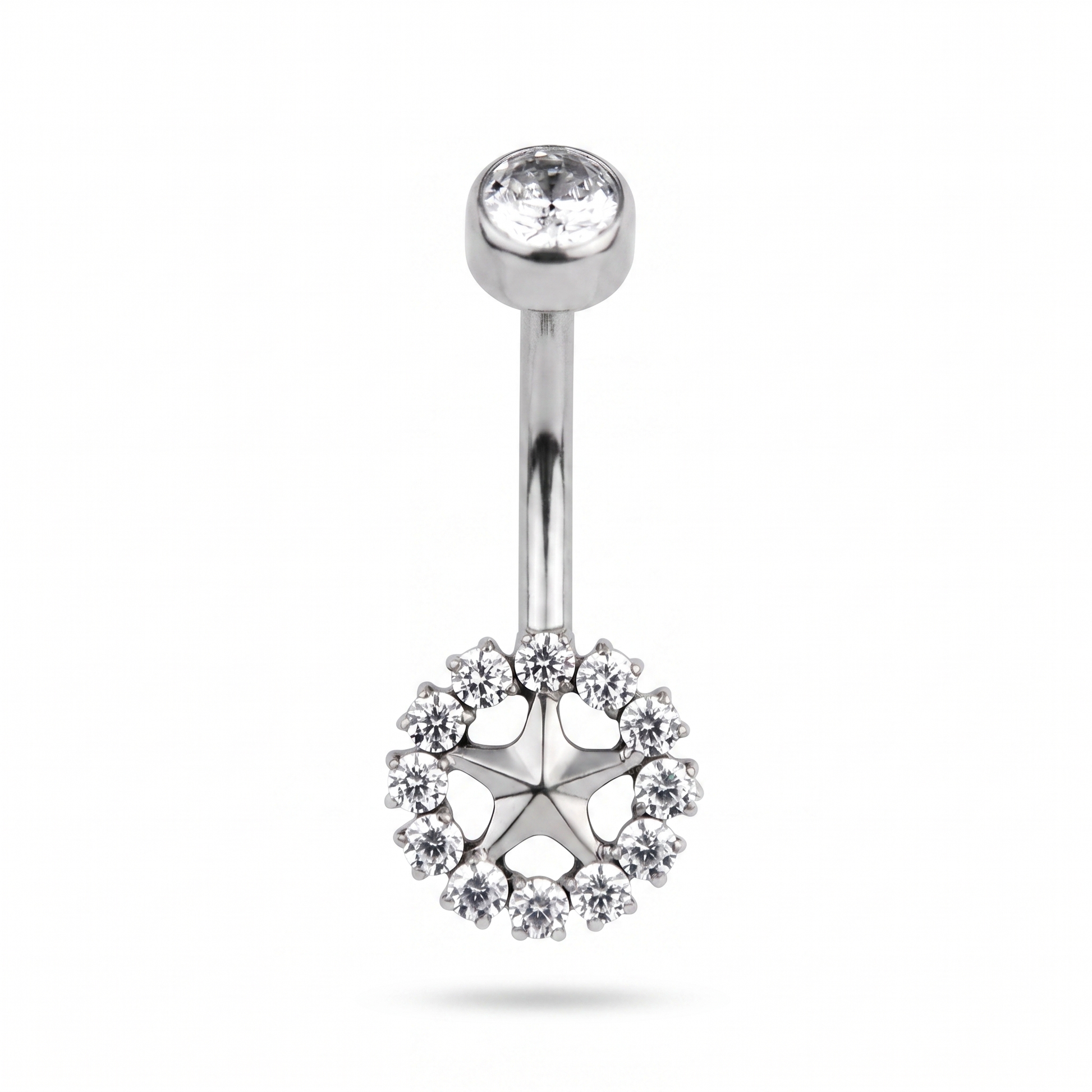 Sunburst belly button ring in silver — white background packshot, G23 titanium 14G