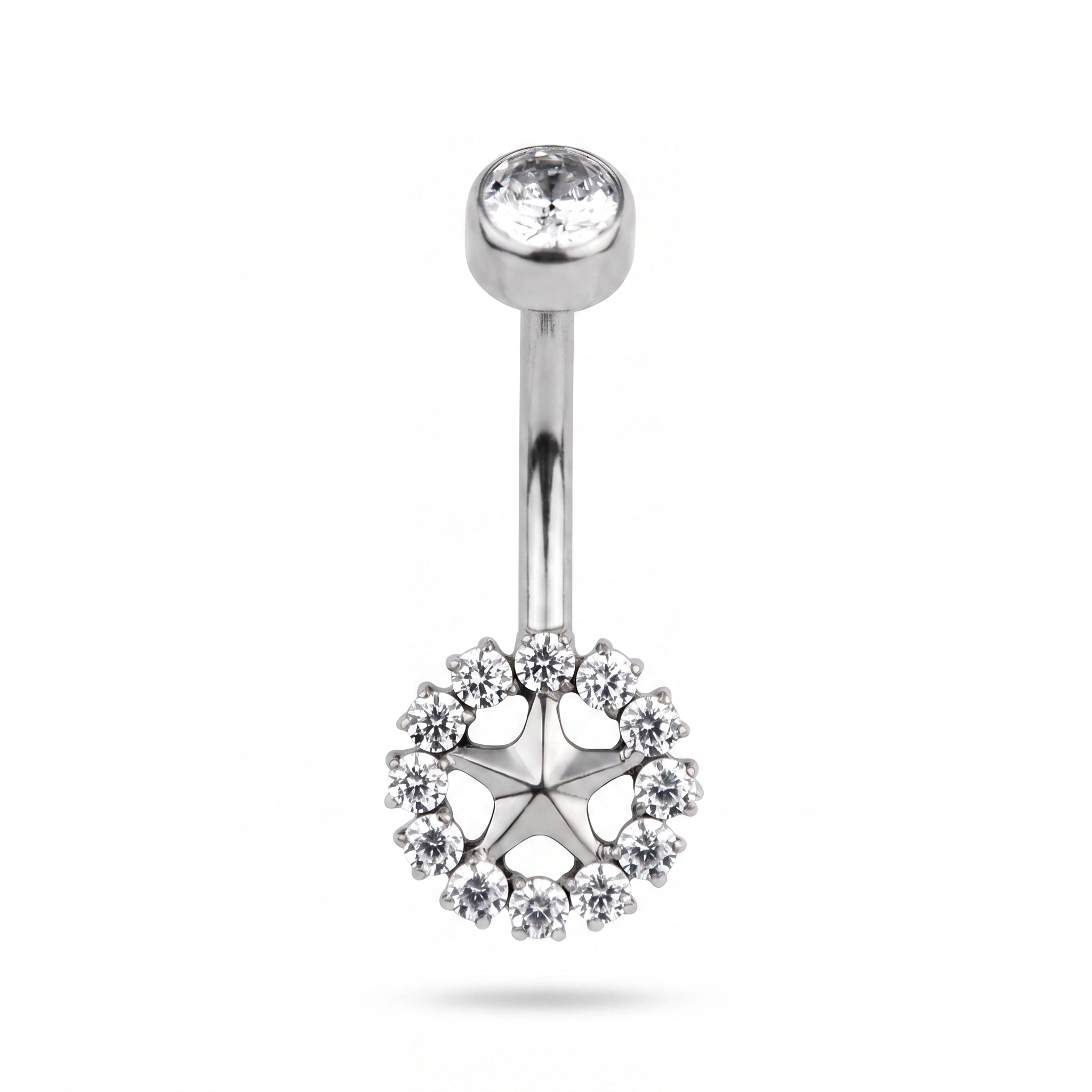 Sunburst belly button ring in silver — white background packshot, G23 titanium 14G