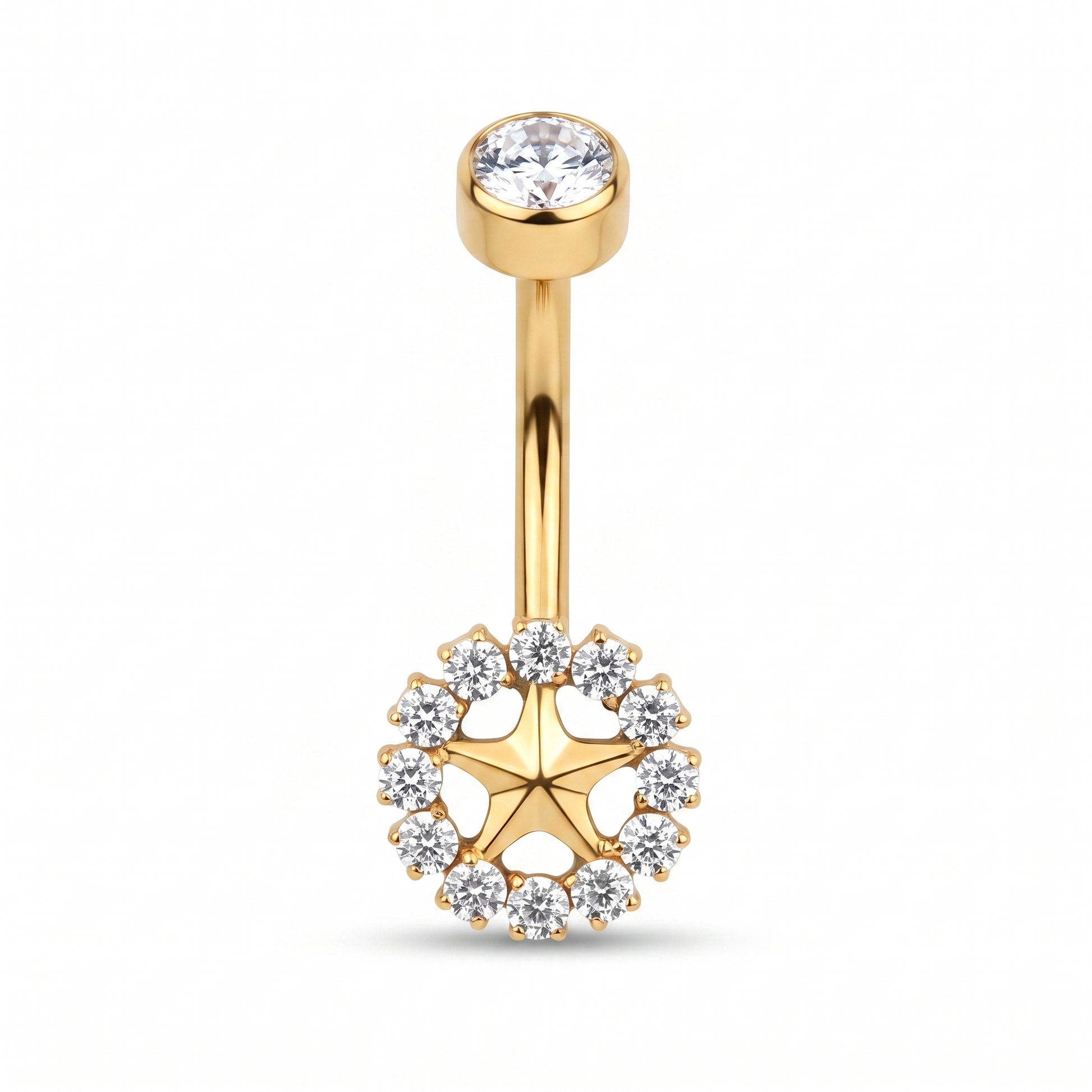 Sunburst belly button ring in gold — white background packshot, G23 titanium 14G