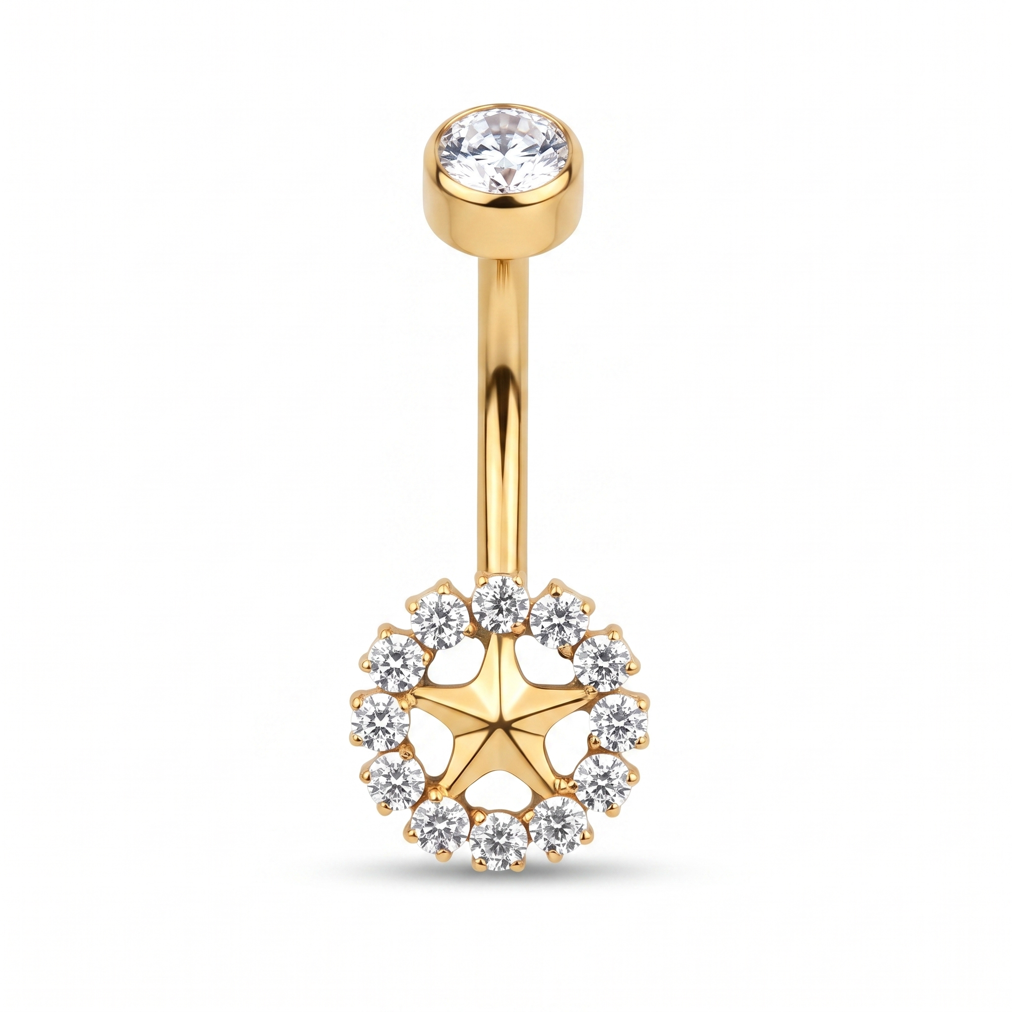 Sunburst belly button ring in gold — white background packshot, G23 titanium 14G
