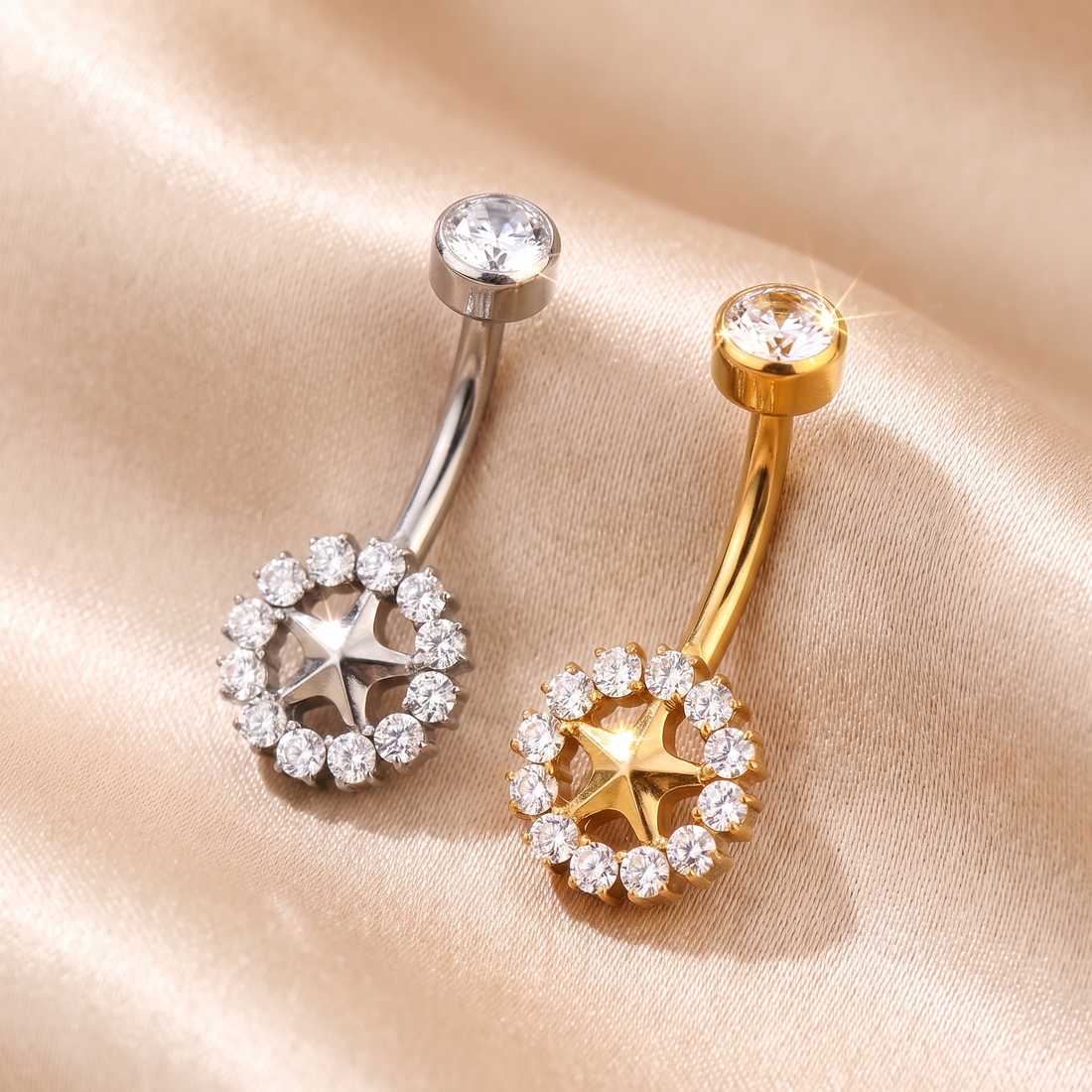 Sunburst belly button ring in gold worn on model — implant-grade G23 titanium 14G