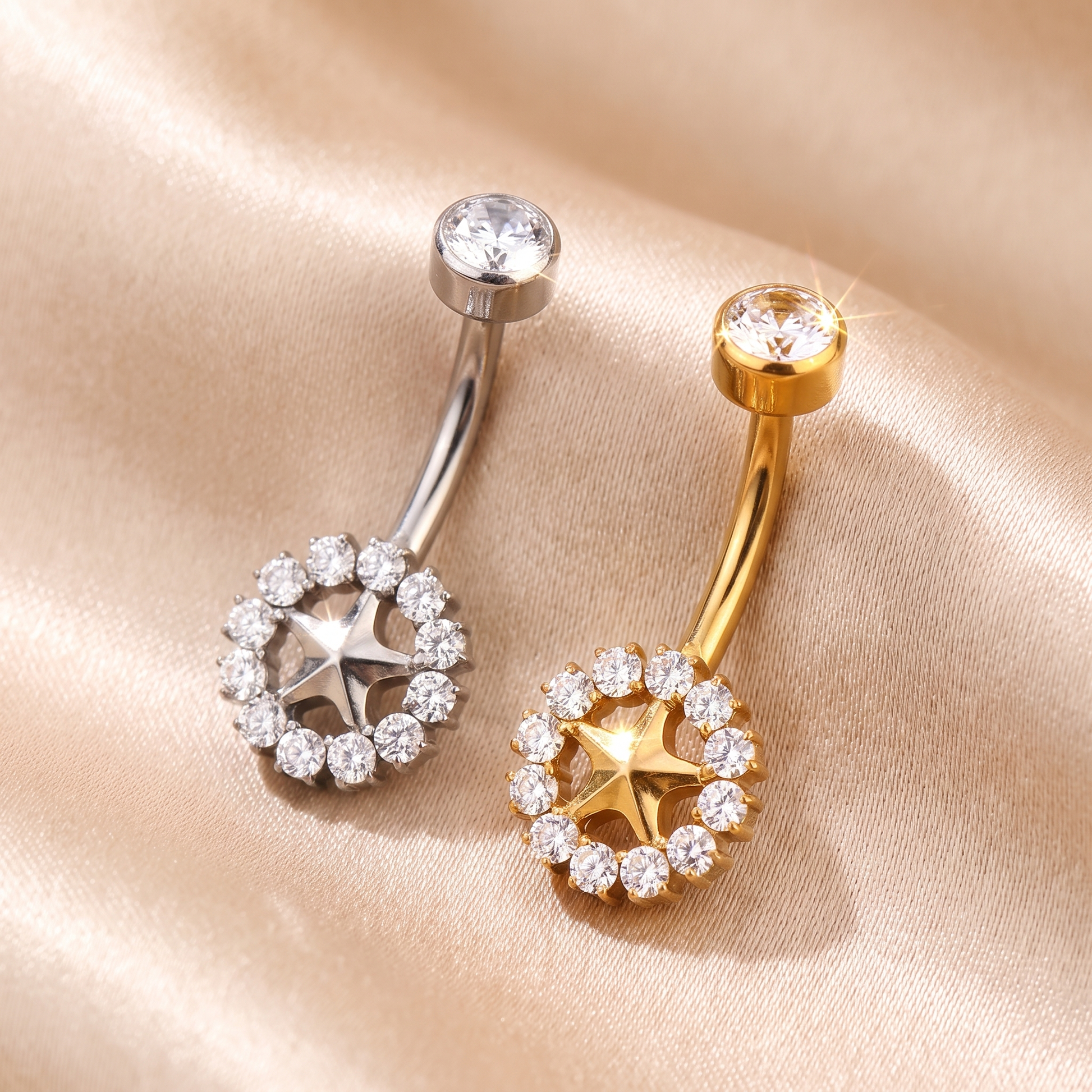 All color options of the Sunburst belly button ring on satin — G23 titanium 14G