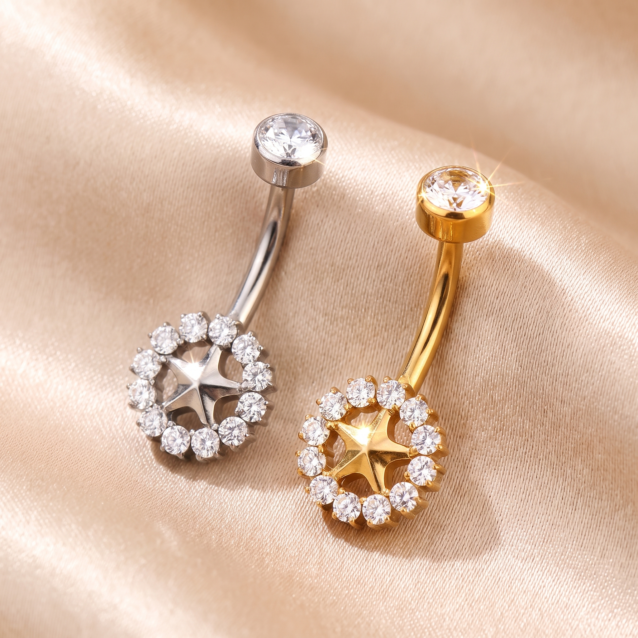 All color options of the Sunburst belly button ring on satin — G23 titanium 14G