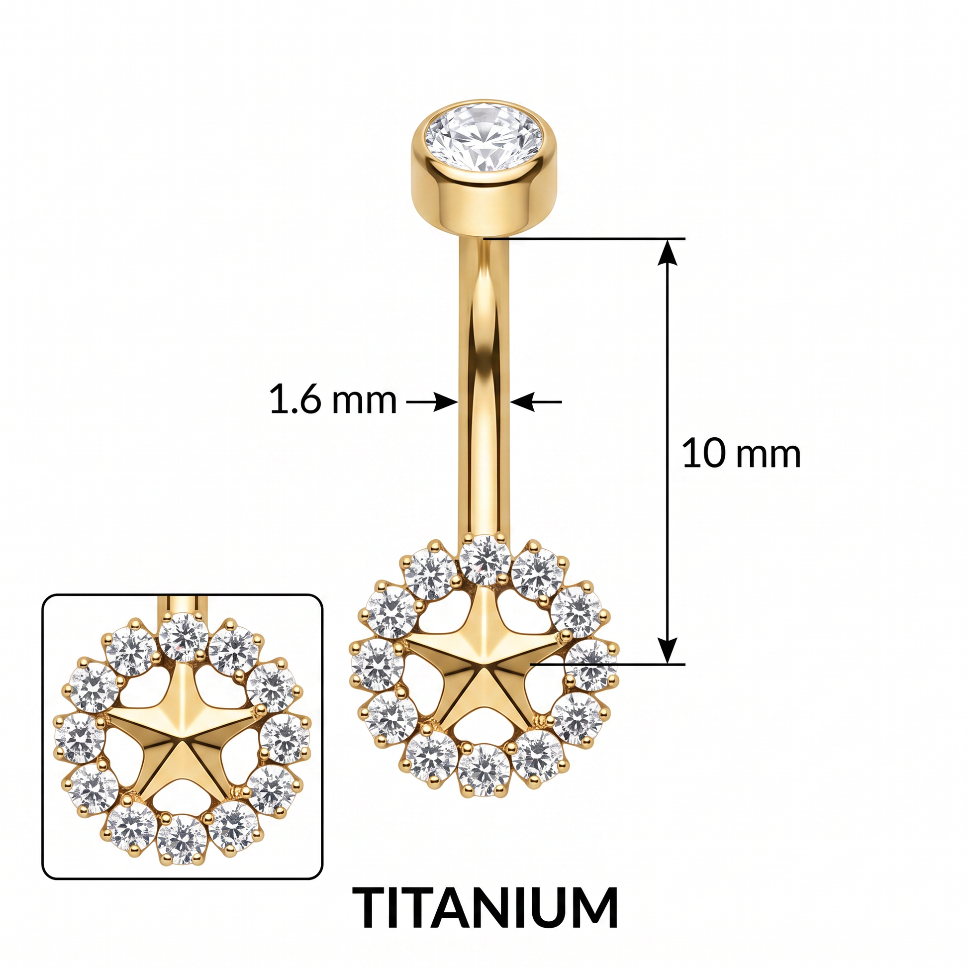 Sunburst belly button ring size chart — 14G 1.6 mm implant-grade titanium