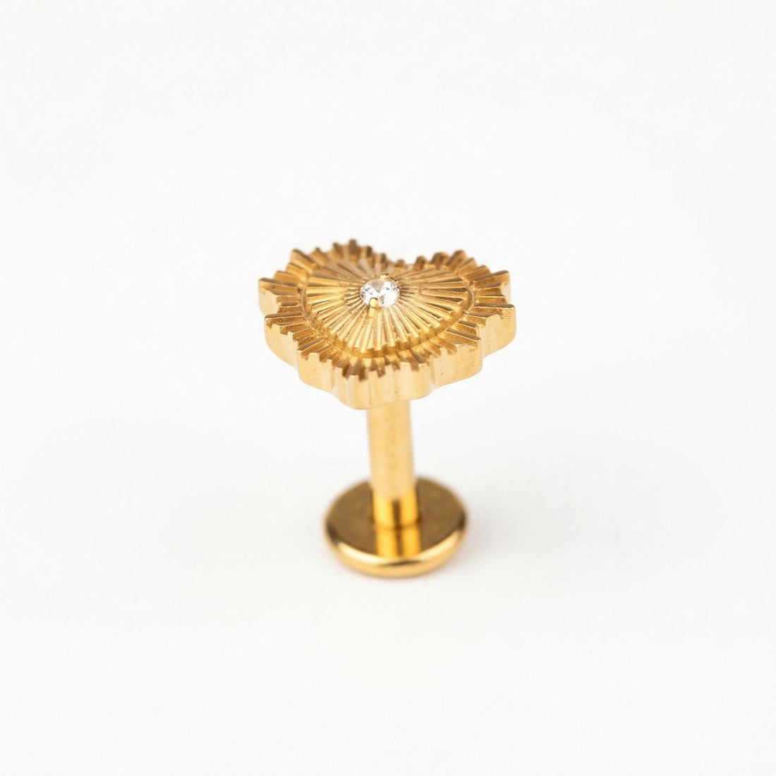 Gold sunburst heart zircon stud — conch jewelry placement