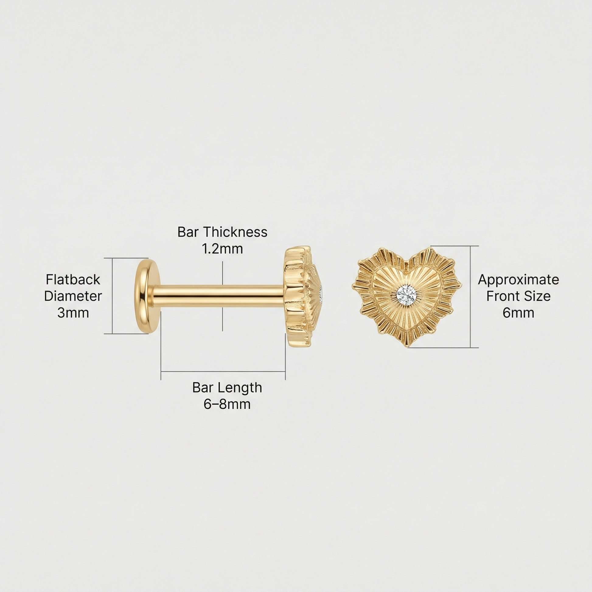 Sunburst Front Helix Piercing - Dimensions chart for a