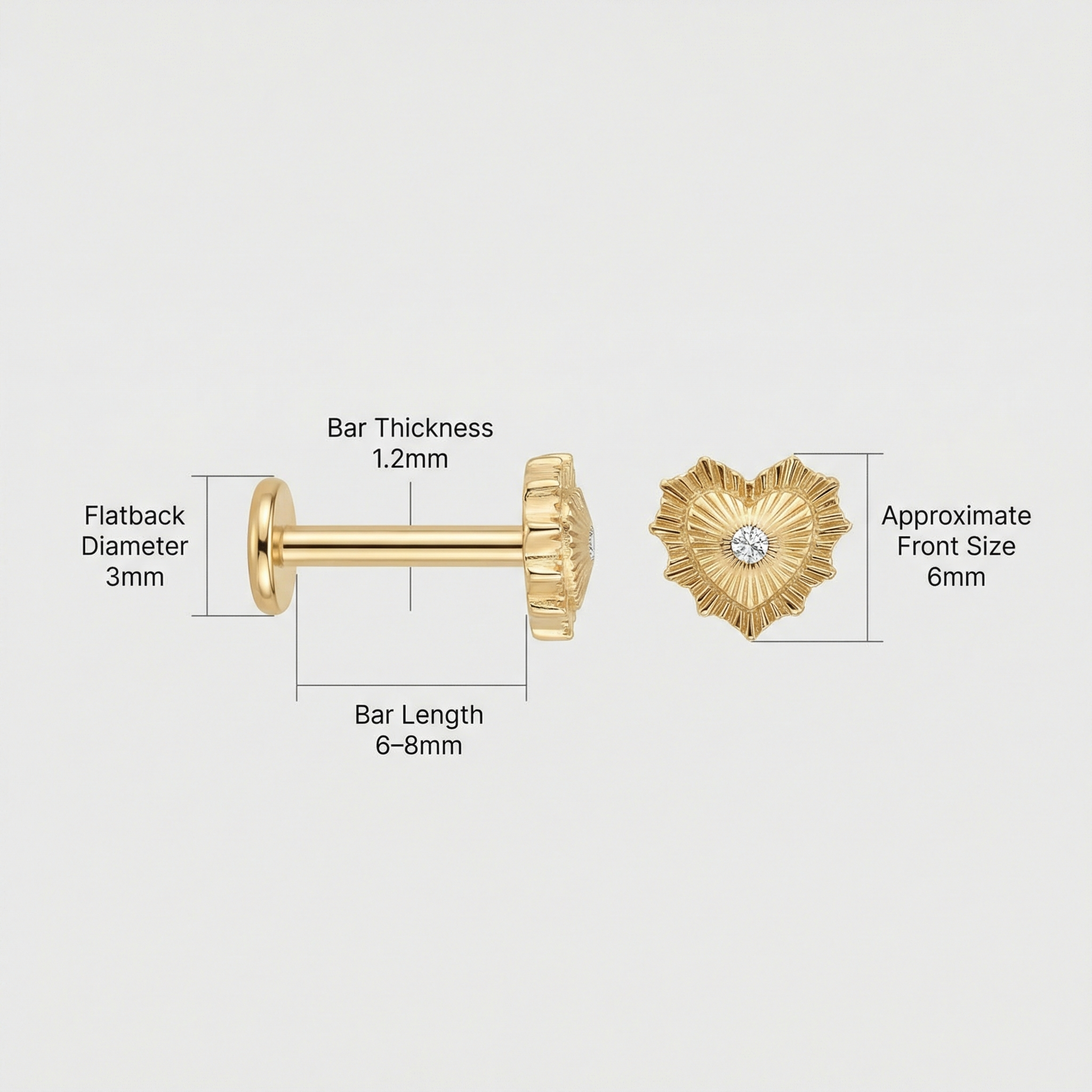 Sunburst Front Helix Piercing - Dimensions chart for a