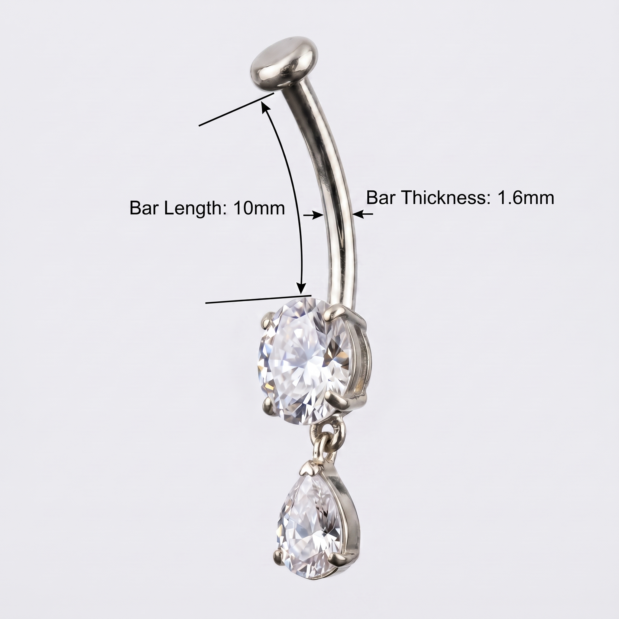 Silver 14g gold navel bar with bar thickness details.