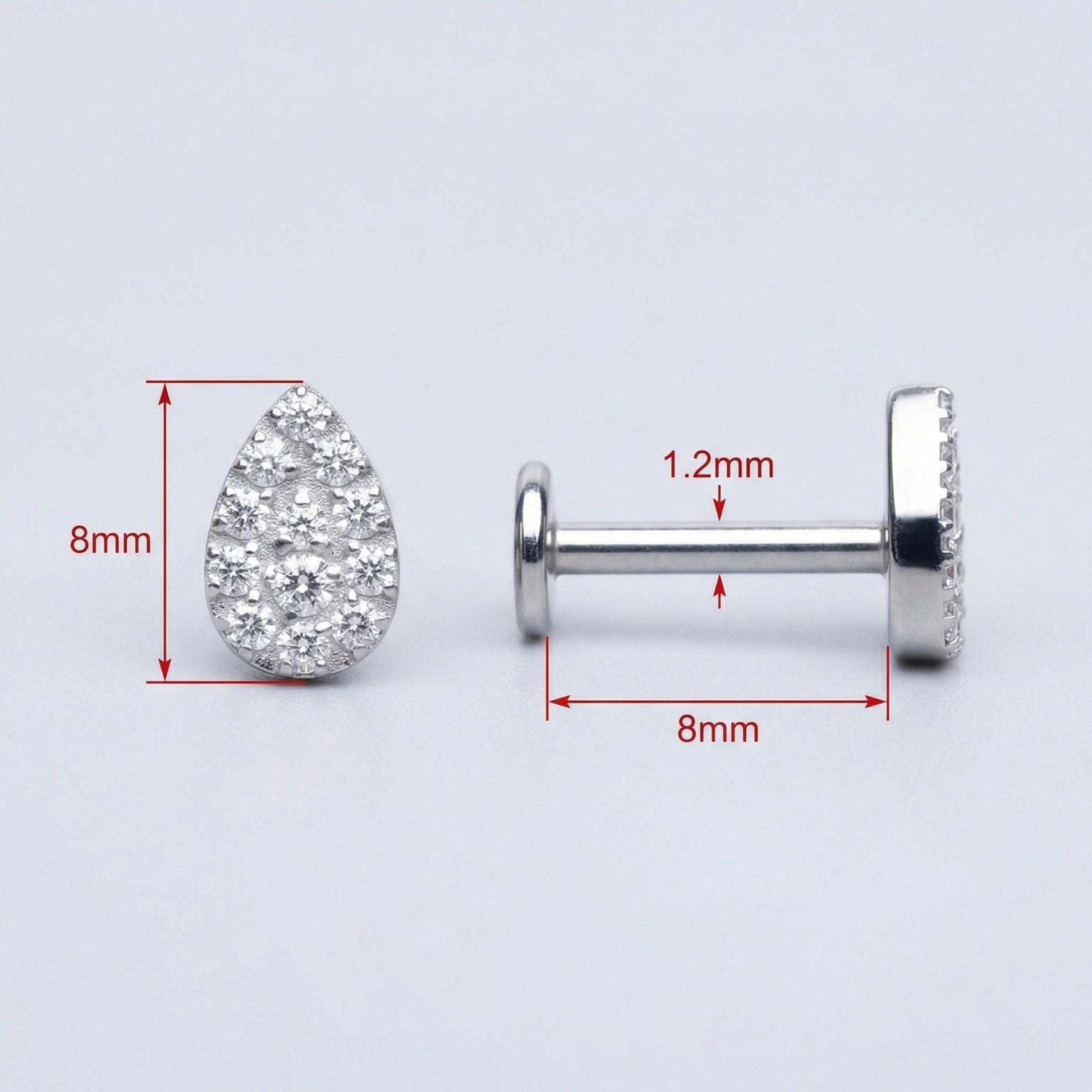 Sizing chart diagram for the silver teardrop stud detailing an 8mm bar