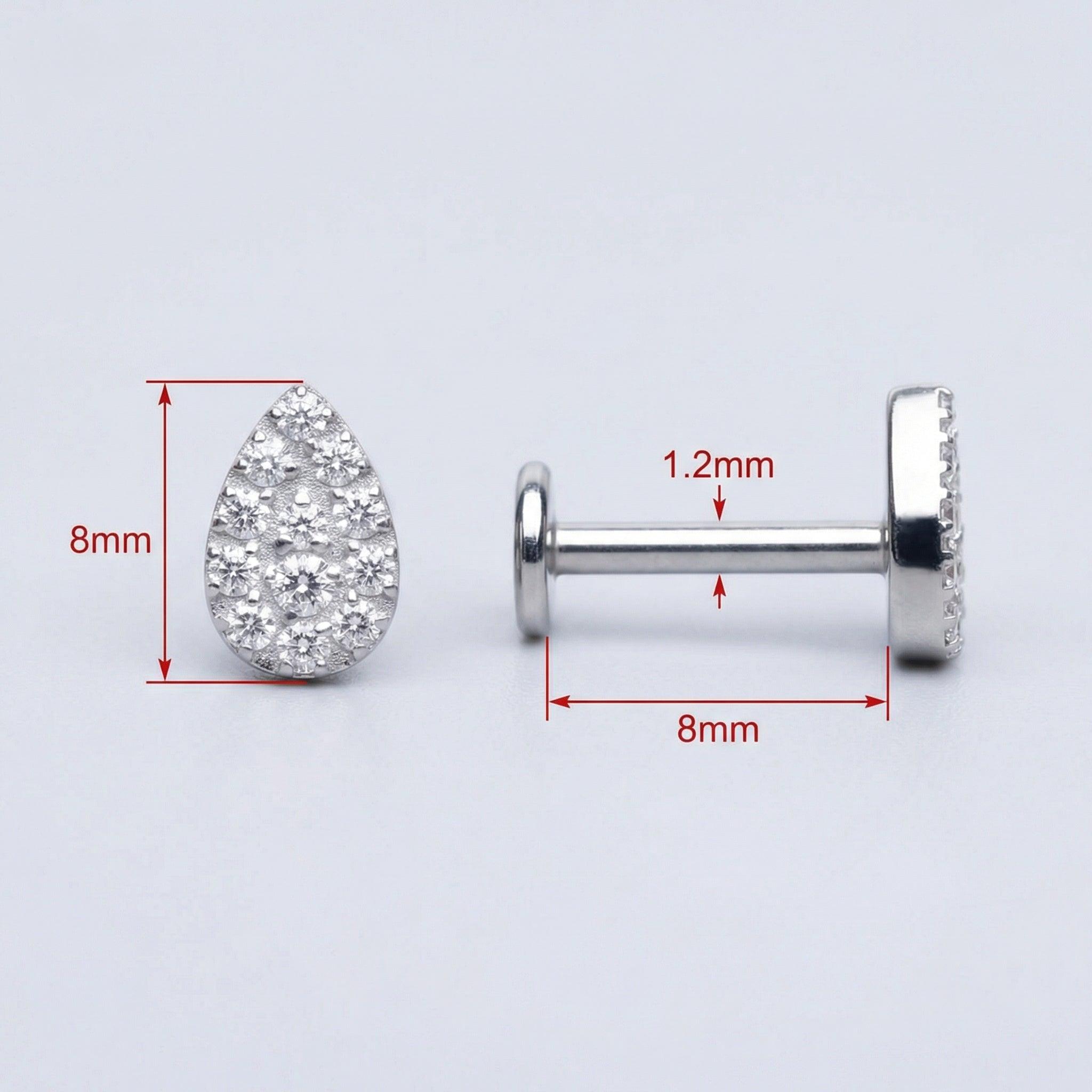 Sizing chart diagram for the silver teardrop stud detailing an 8mm bar