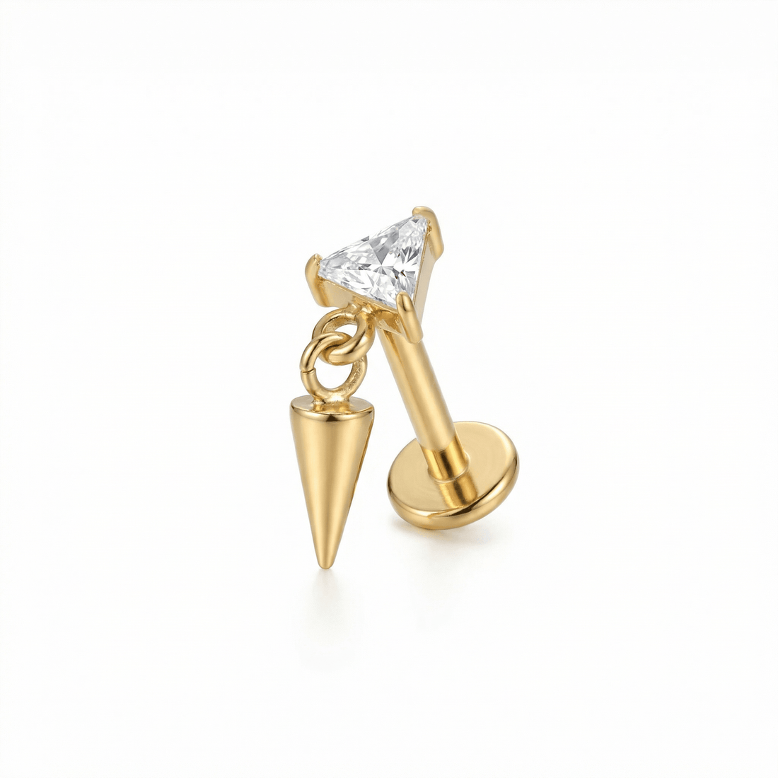 Gold triangle zircon spike stud — forward helix piercing placement