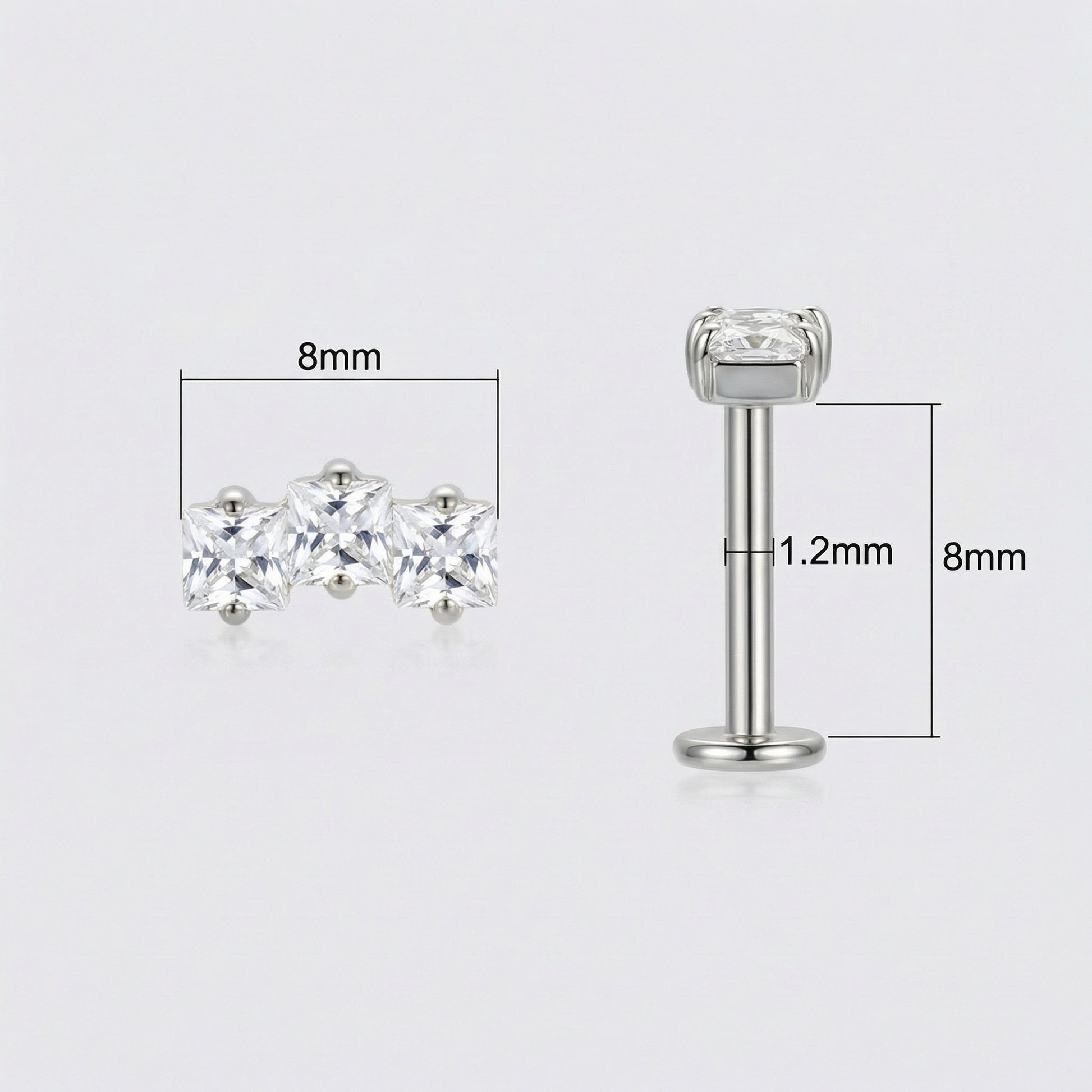Diagram showing silver 16g faux piercing bar measurements.