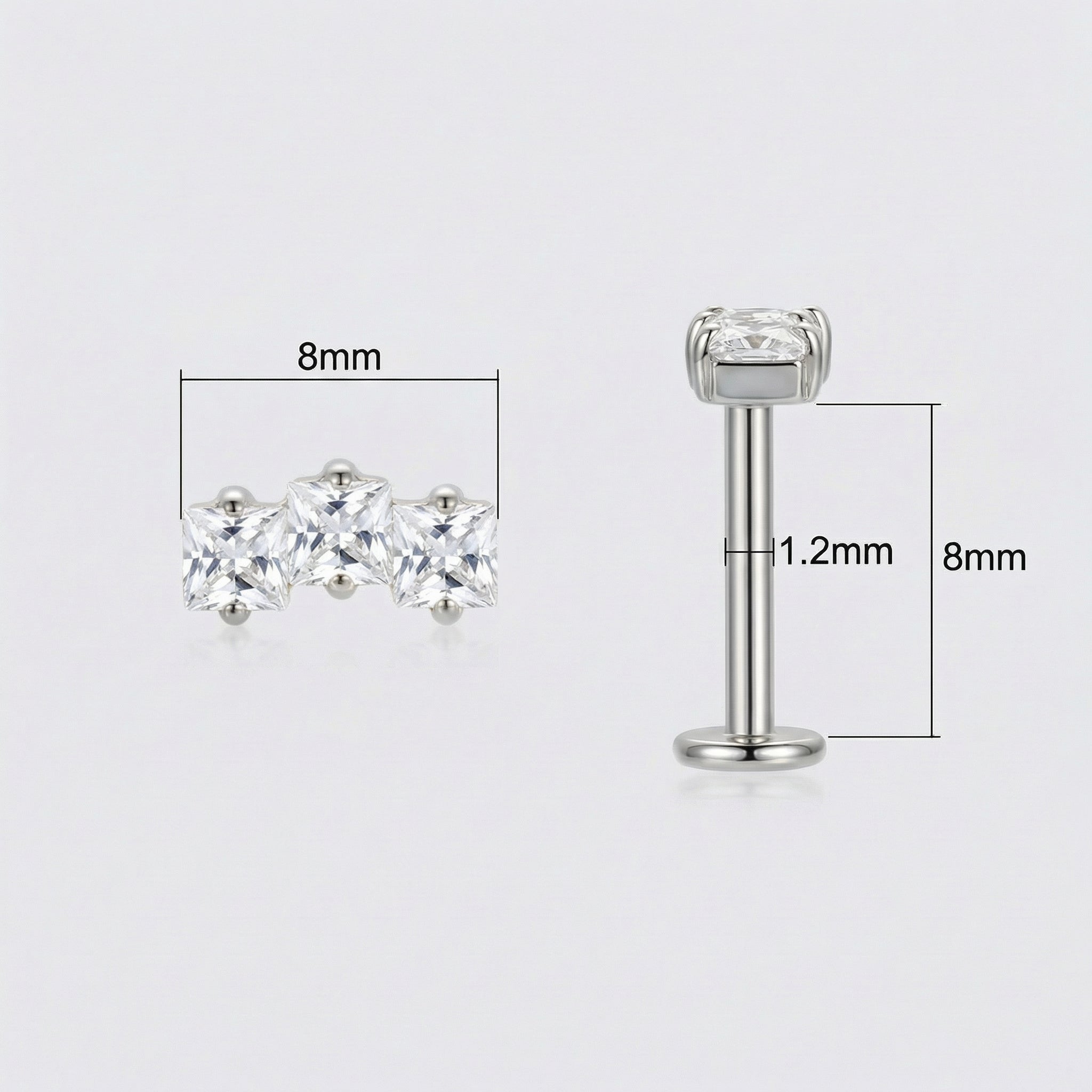 Diagram showing silver 16g faux piercing bar measurements.