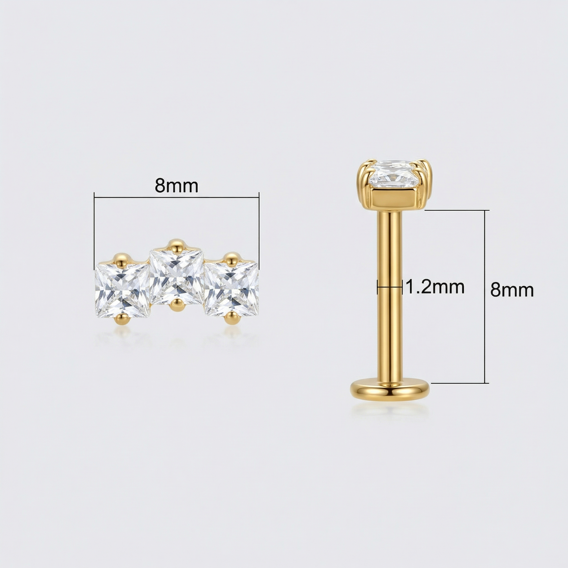 Diagram showing gold triple zircon faux stud sizing and measurements.