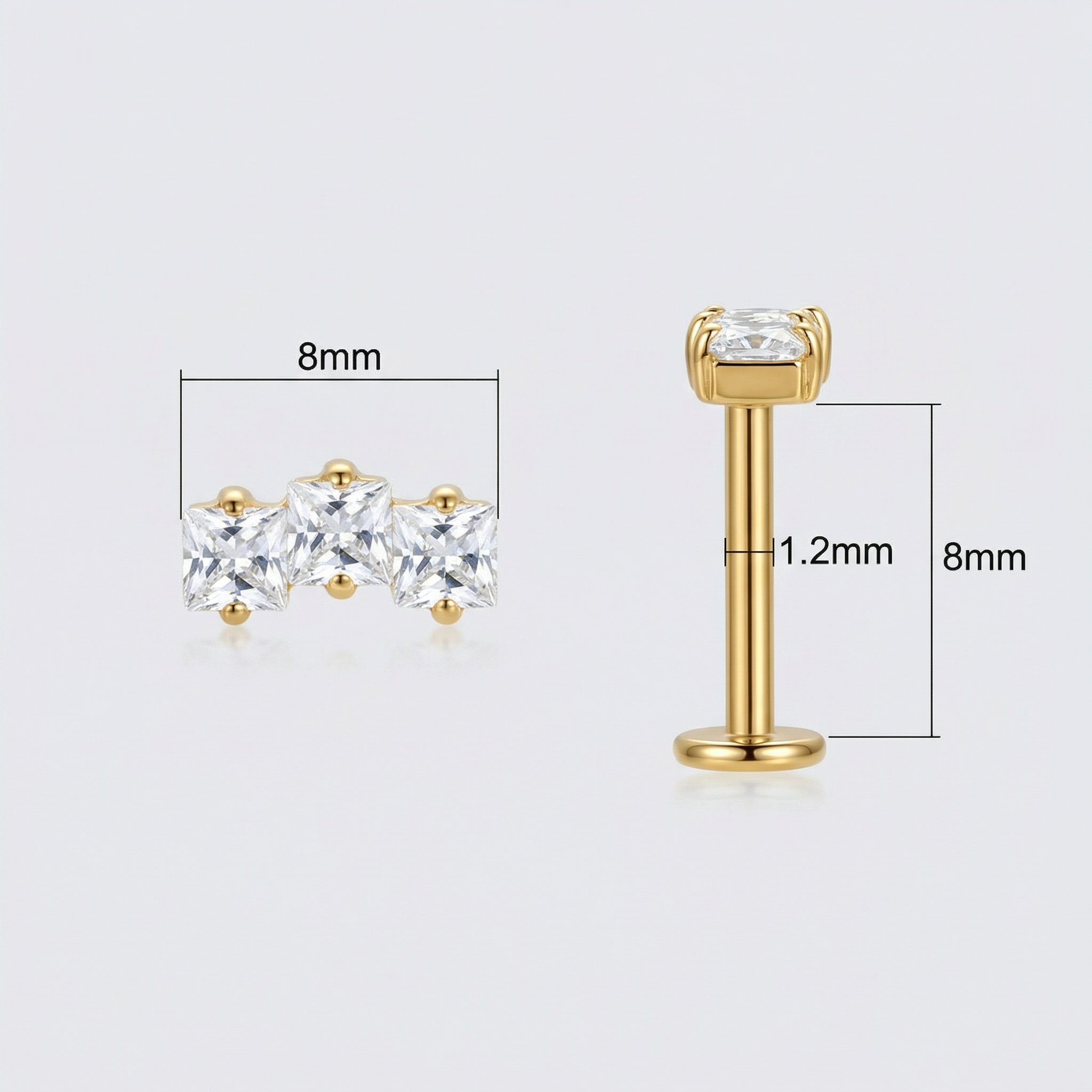 Diagram showing gold triple zircon faux stud sizing and measurements.