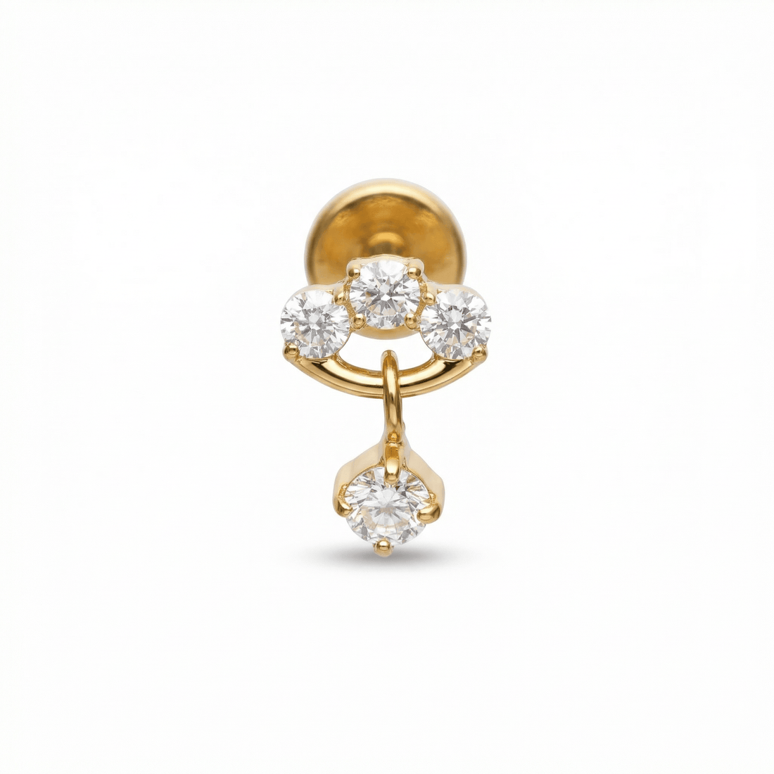 Gold triple zircon dangle stud — tragus jewelry placement