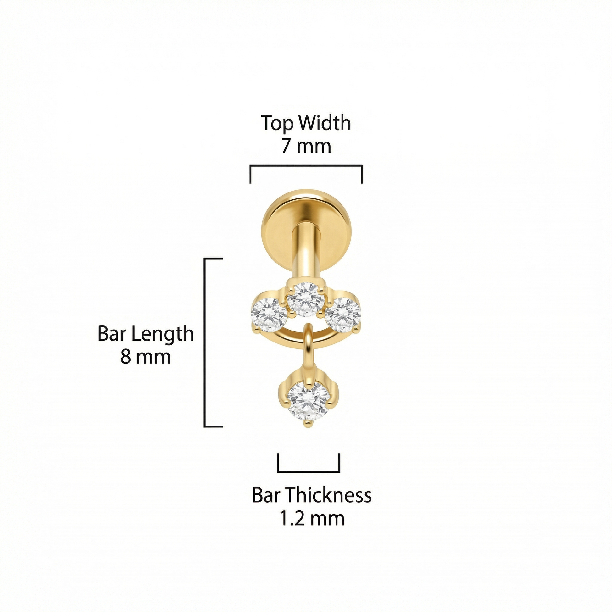 Zircon Forward Helix Piercing - Sizing chart diagram for