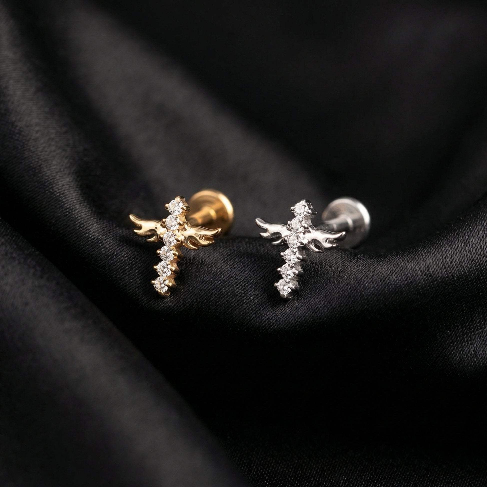 Double Helix Ear Piercing Jewelry - Gold and silver winged