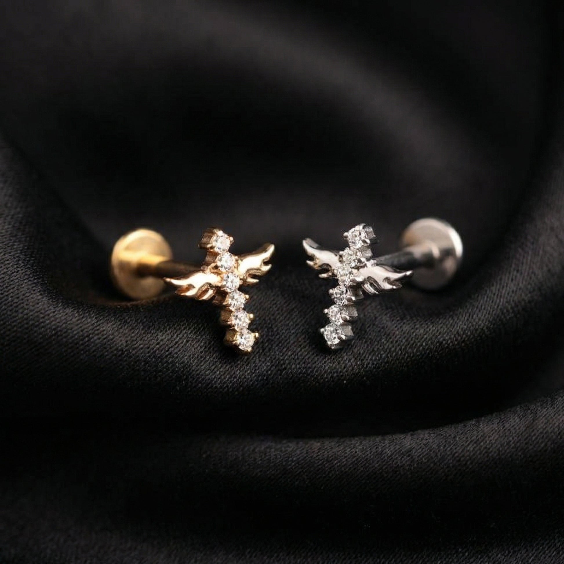 Double Helix Ear Piercing Jewelry - Gold and silver winged