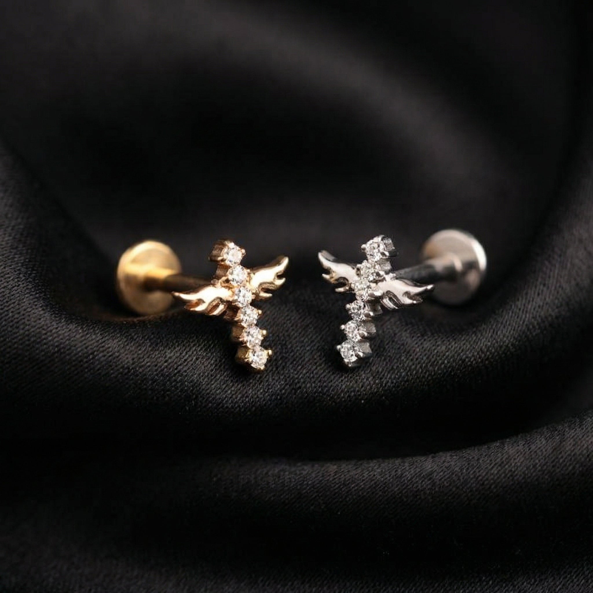 Double Helix Ear Piercing Jewelry - Gold and silver winged