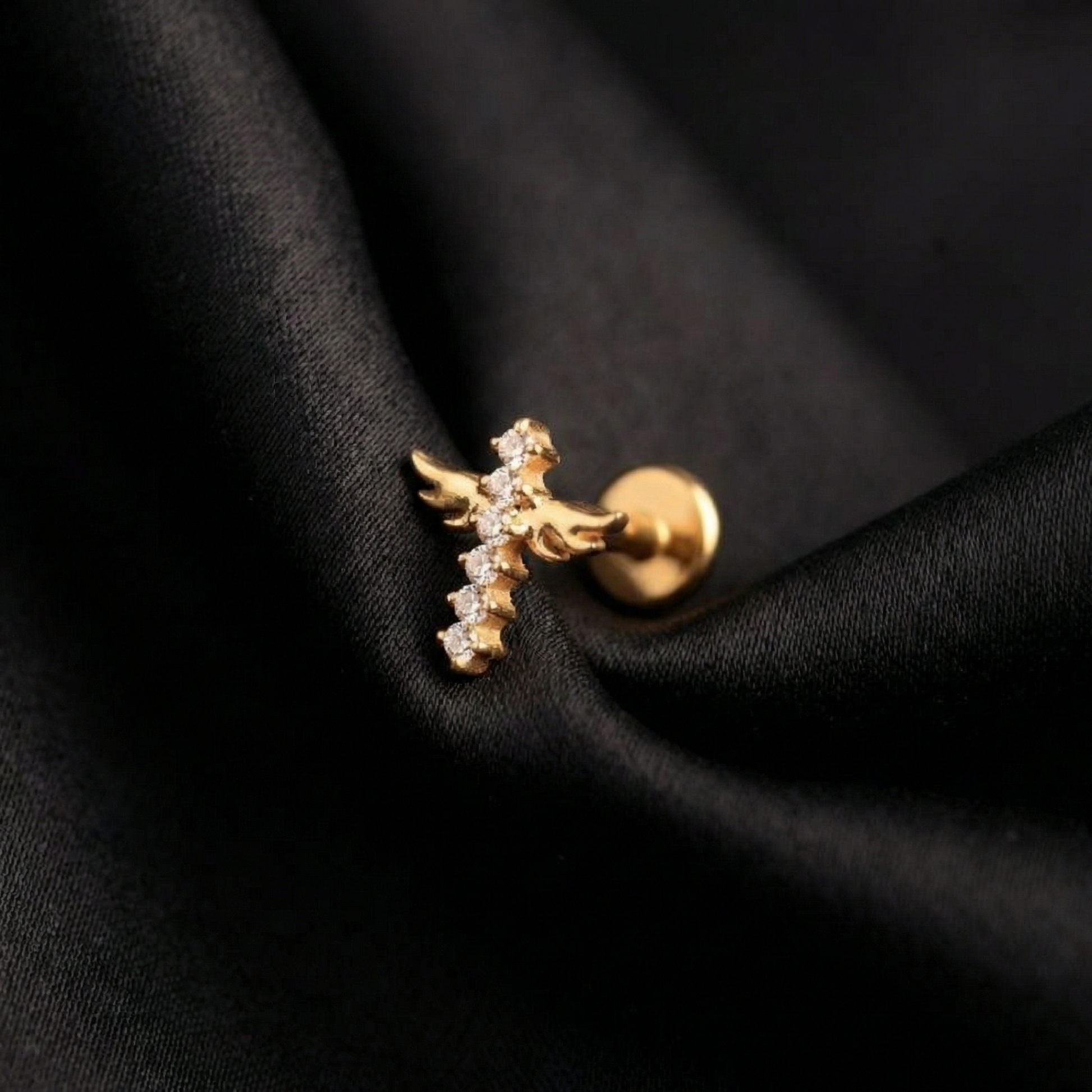 Double Helix Ear Piercing Jewelry - Gold winged cross zircon
