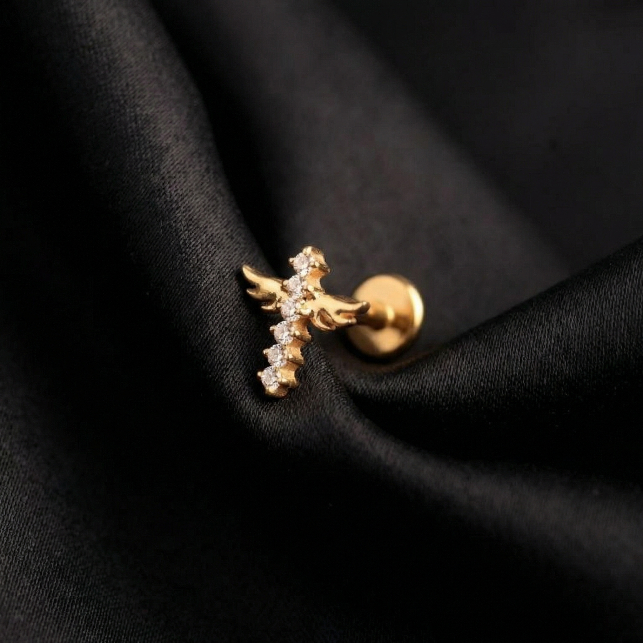 Double Helix Ear Piercing Jewelry - Gold winged cross zircon