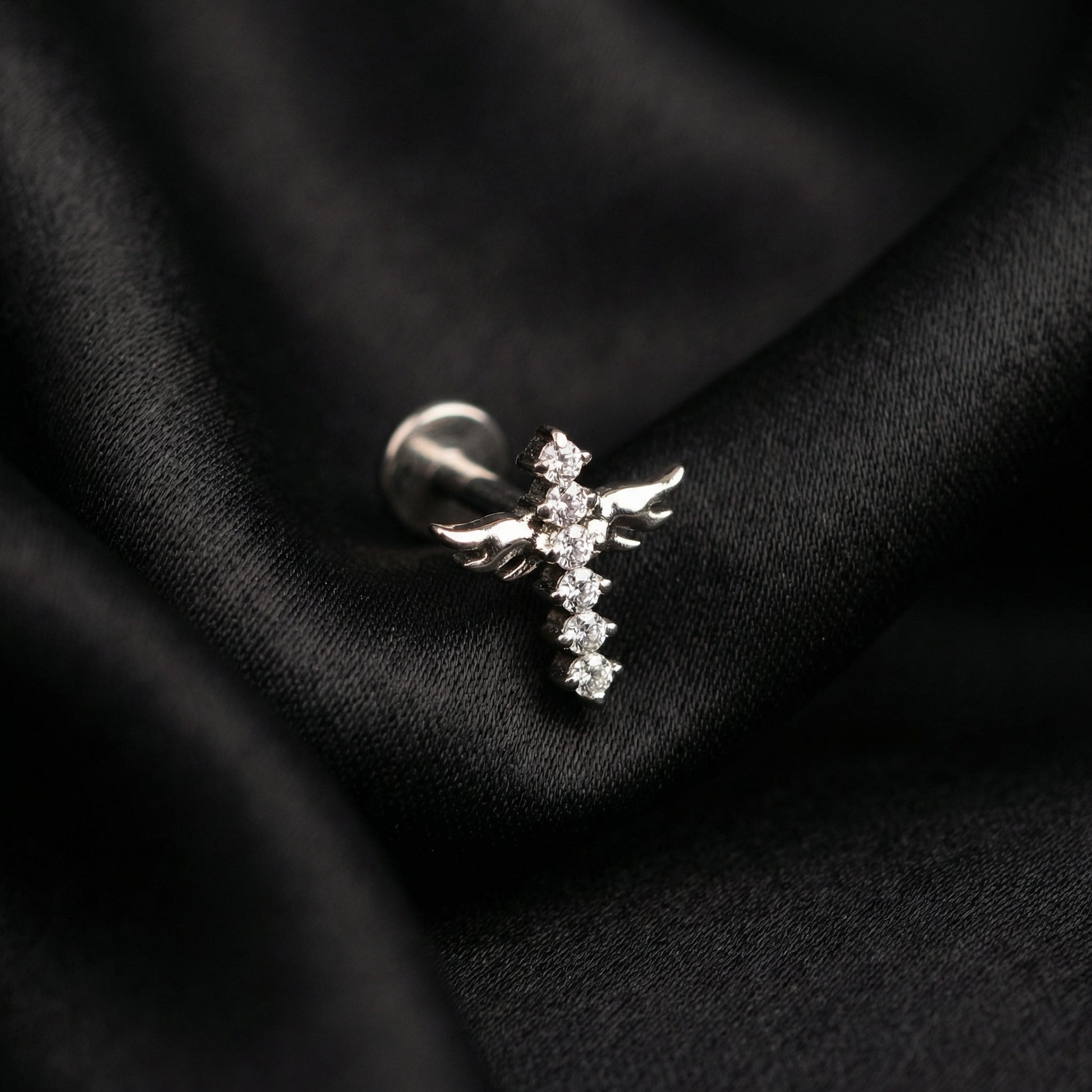 Double Helix Ear Piercing Jewelry - Silver winged cross zircon