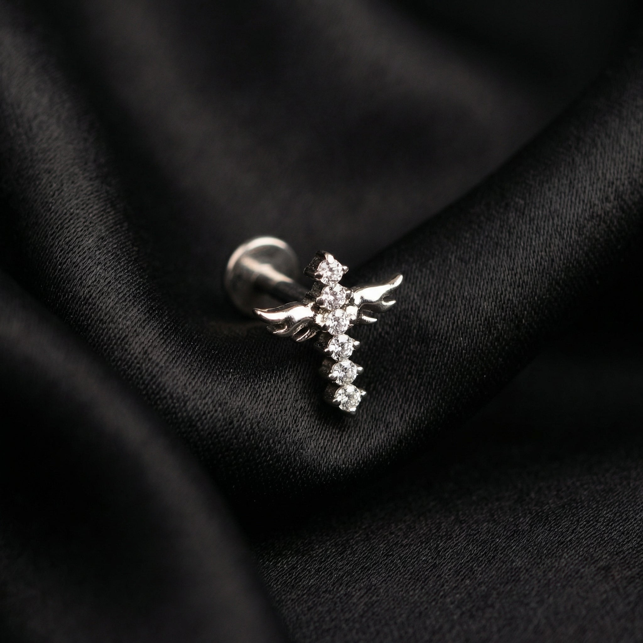 Double Helix Ear Piercing Jewelry - Silver winged cross zircon
