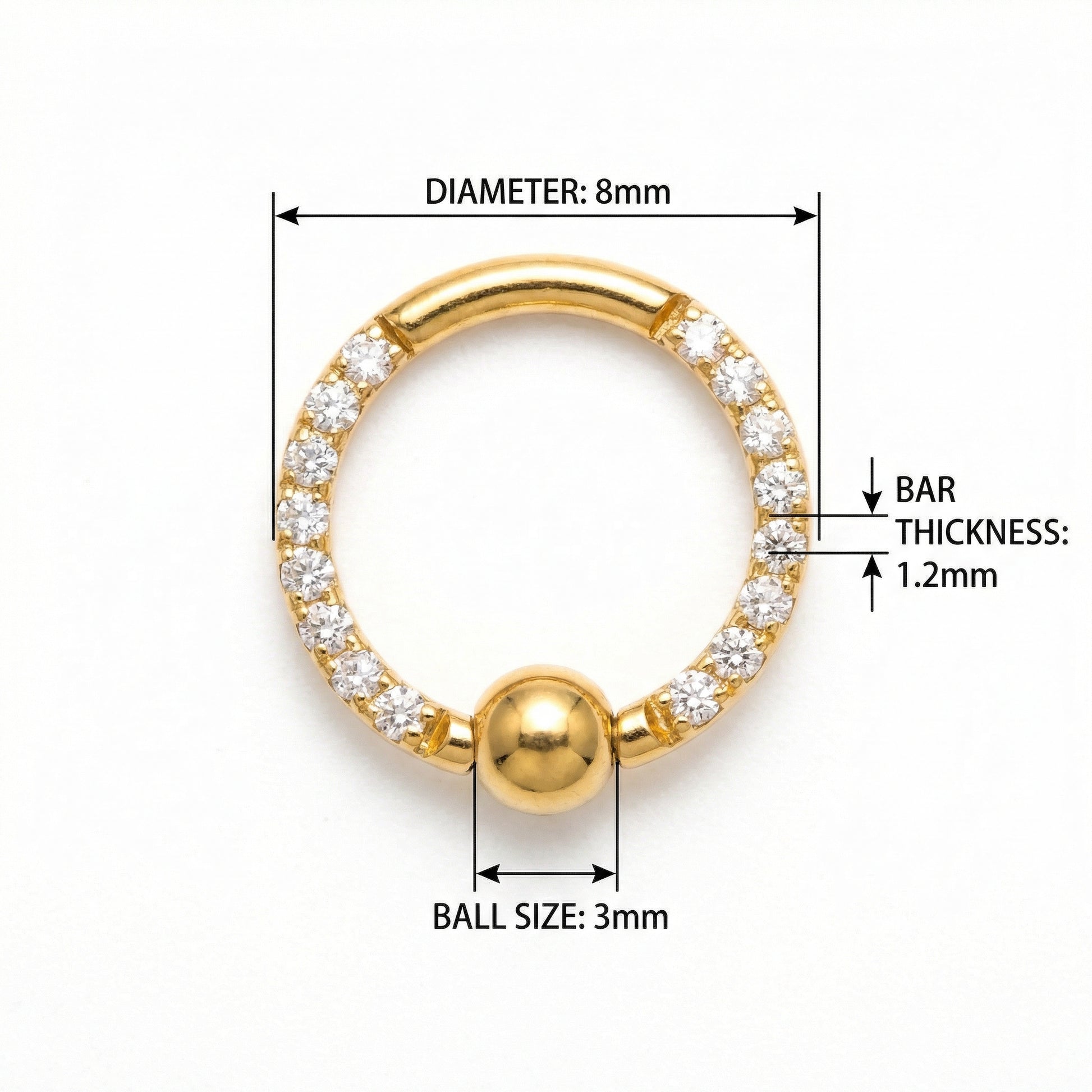 Sizing chart diagram for the 8mm gold zircon bead clicker hoop detailing